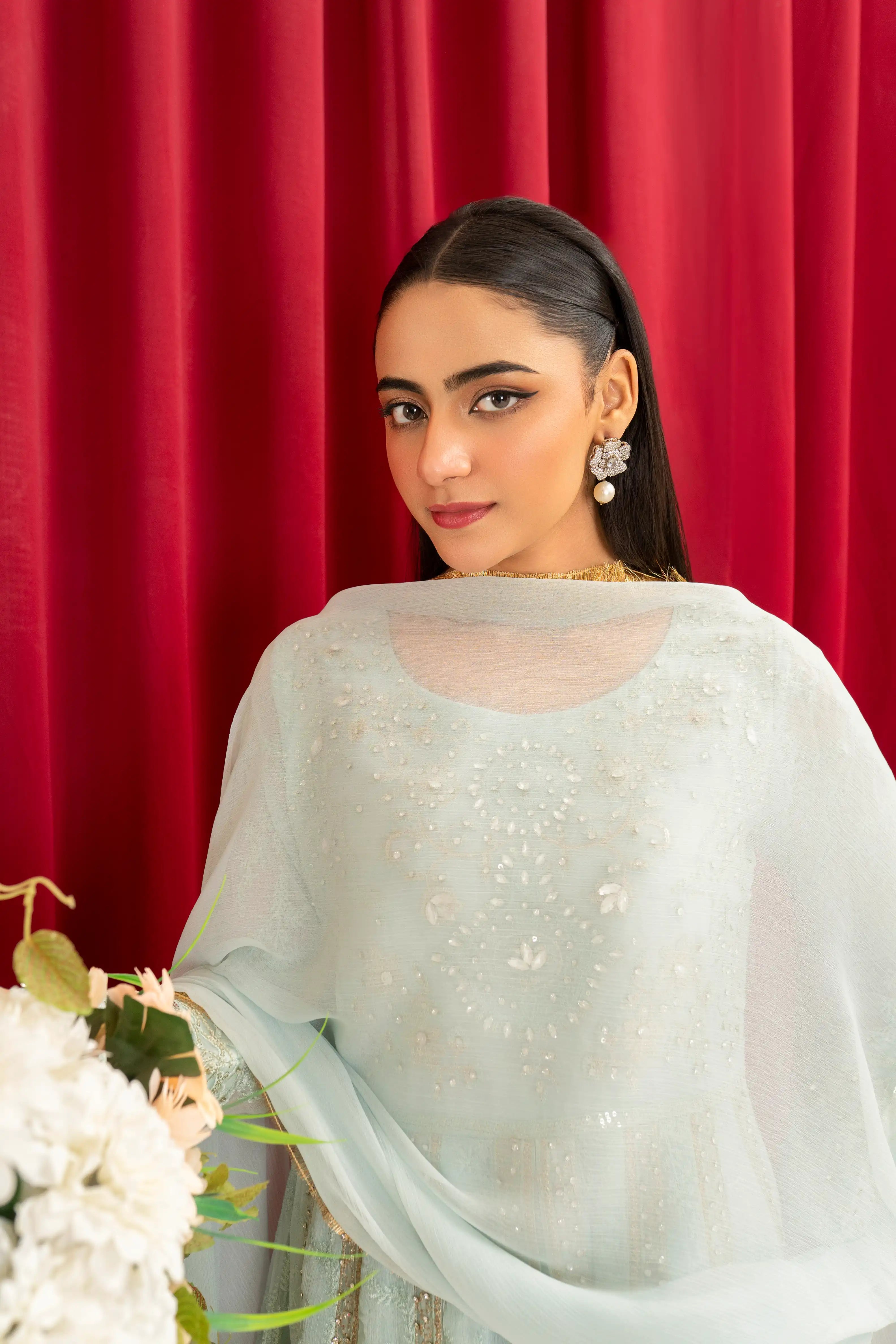 Ice Blue Chiffon Embroidered Maxi Dress