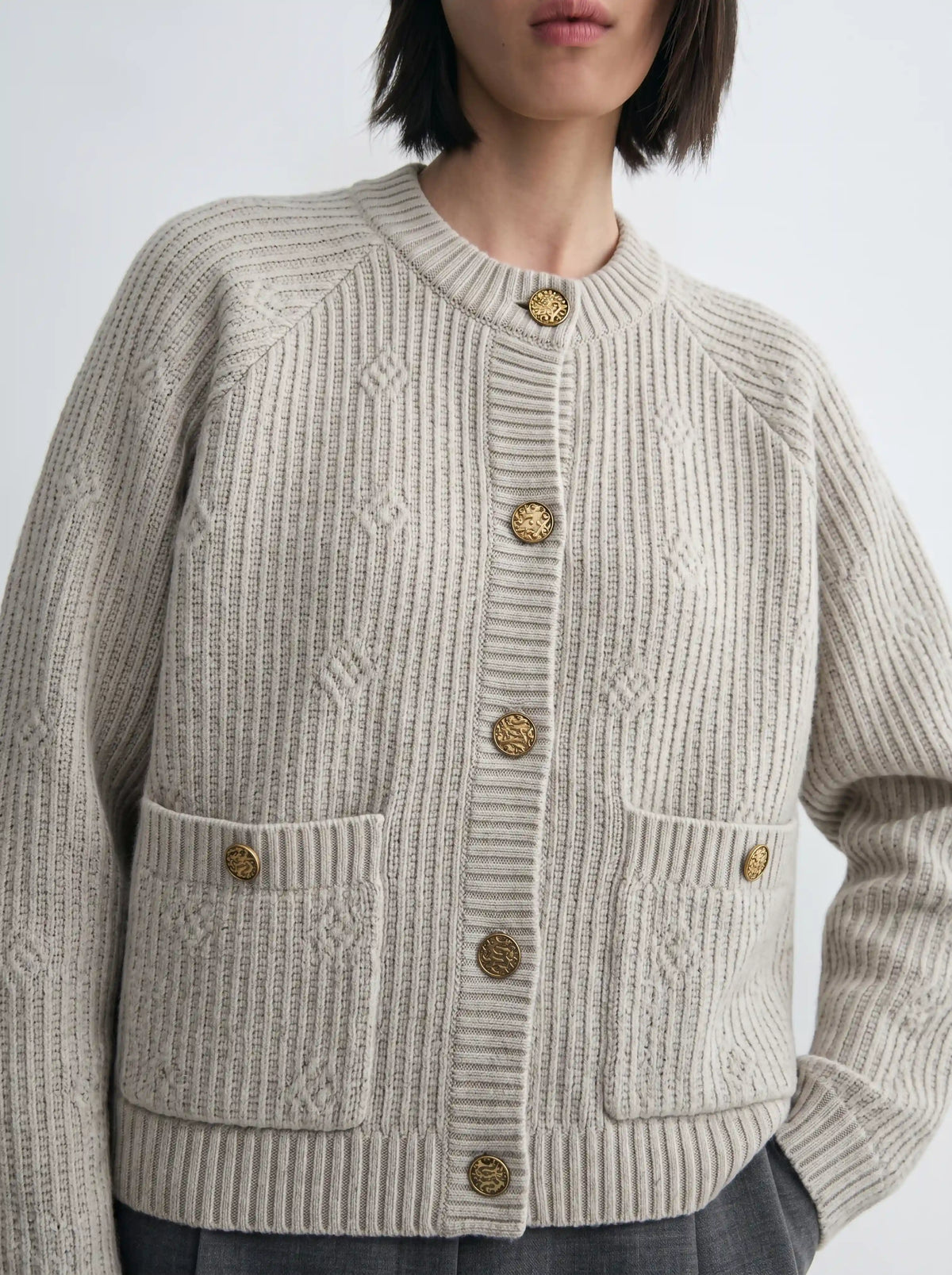 Women wearing cardigan women, close-up of the knit texture and button detail, Buraqstore