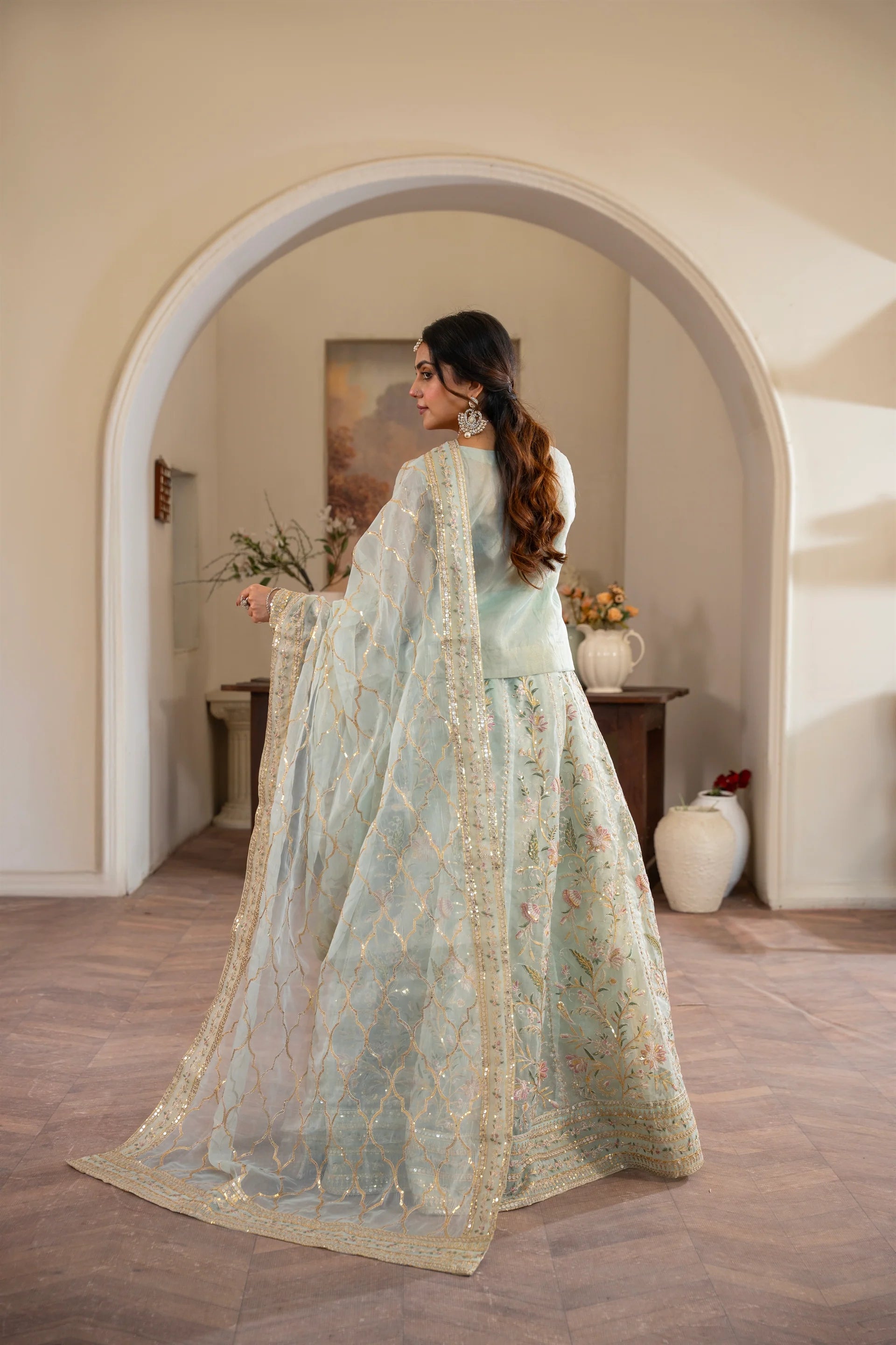 LUXURY-001-MINT GREEN Embroidered Organza Pret 3Pcs bridal lehenga pakistani