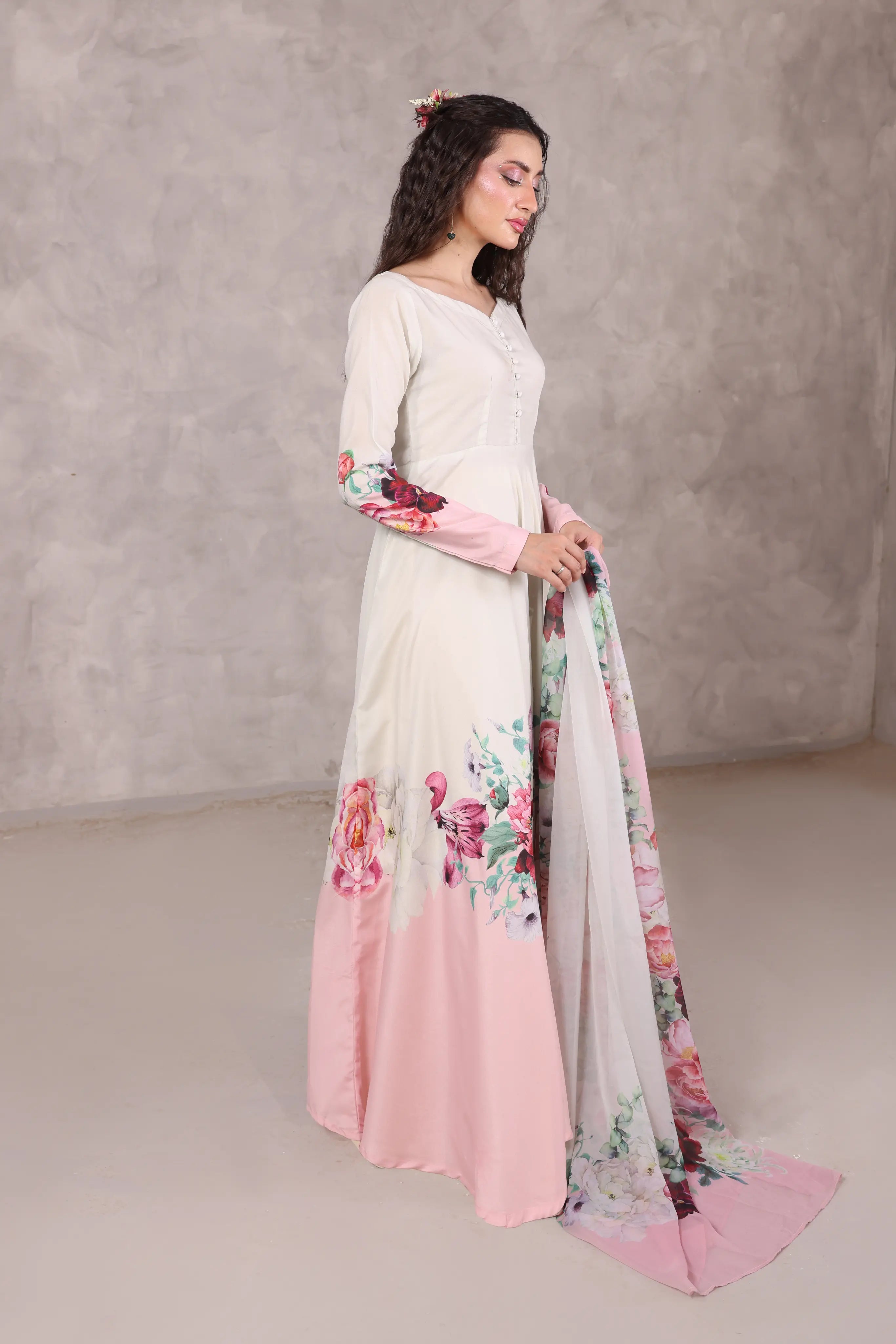 woman posing in white dress pakistani maxi style buraqstore