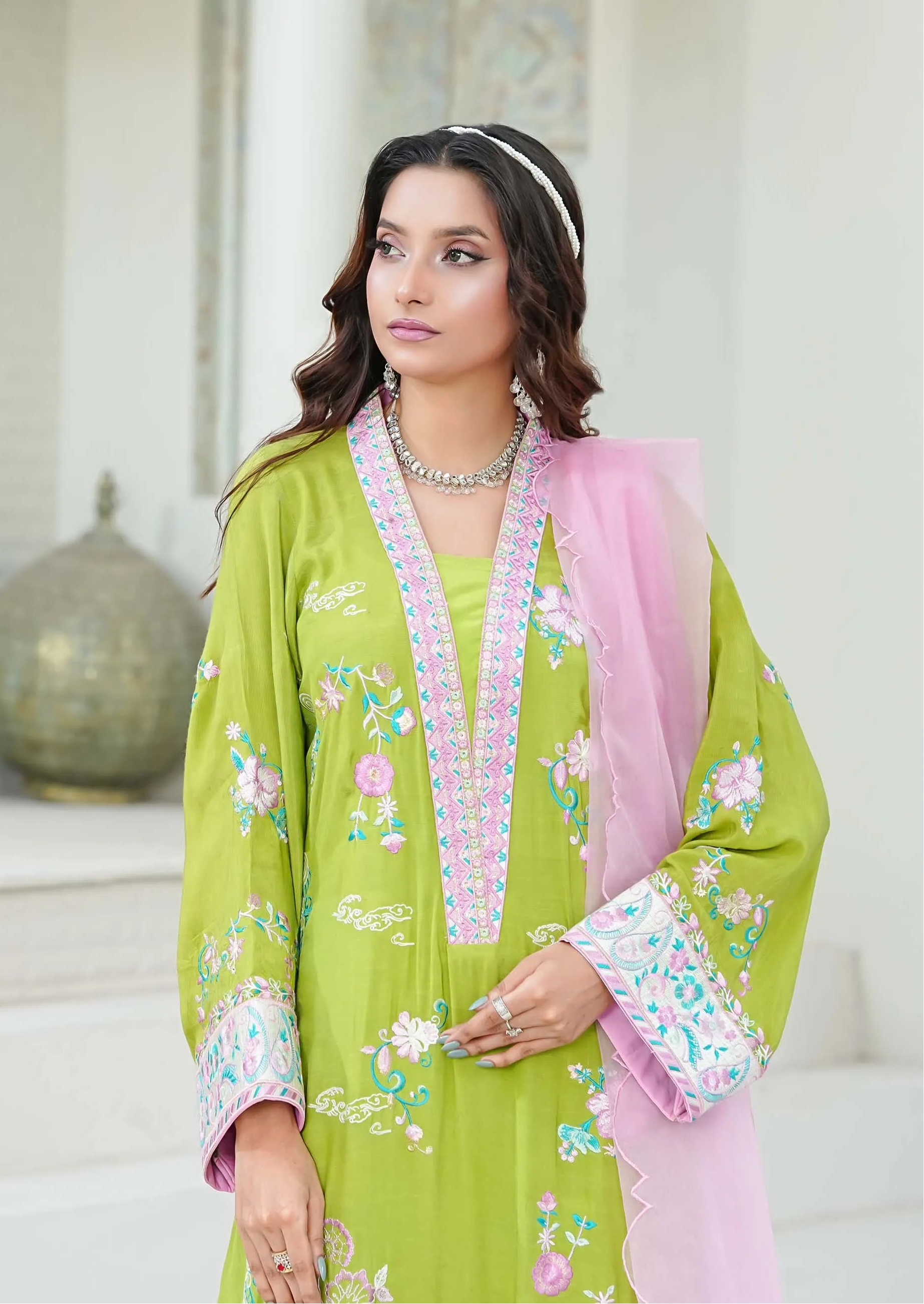 woman posing in green eid dress design pakistani 3 piece set buraqstore