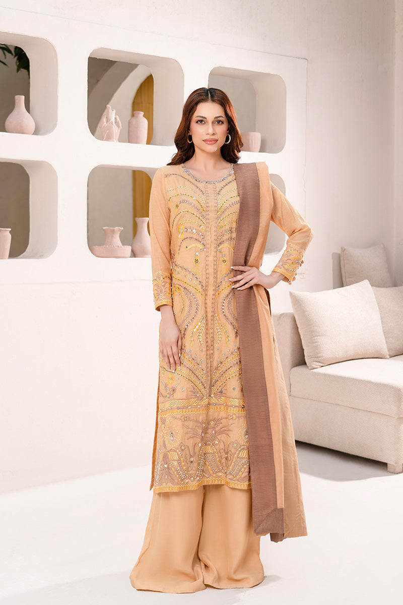 Woman wearing an embroidered soft paper silk outfit from the Anayra Amal collection, featured at Buraq Store
