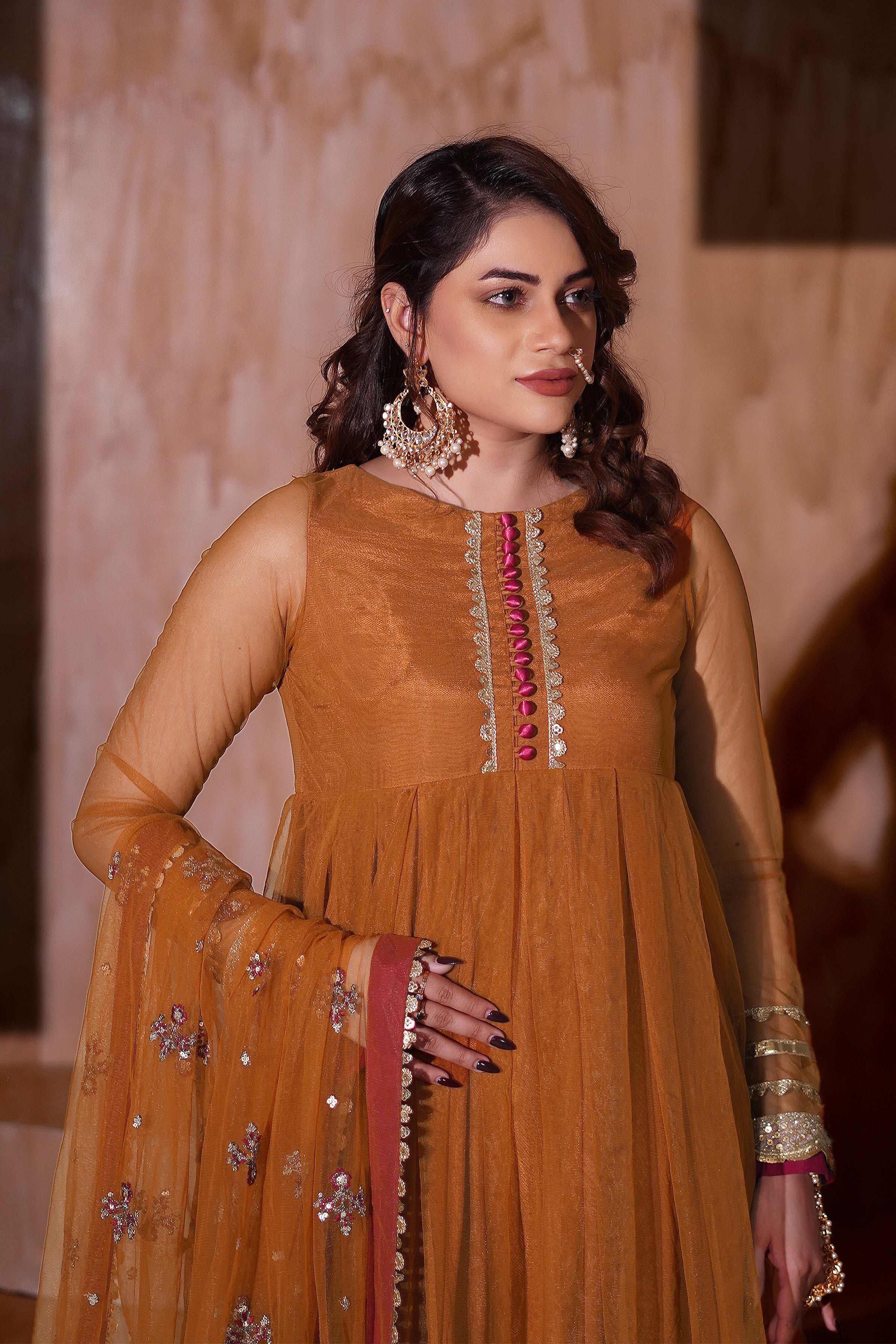 Girl wearing festive orange net dress by buraqstore