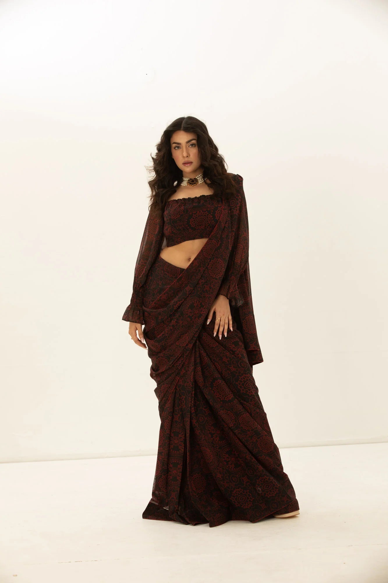 Midnight Mystique - Maroon On Black Printed Saree