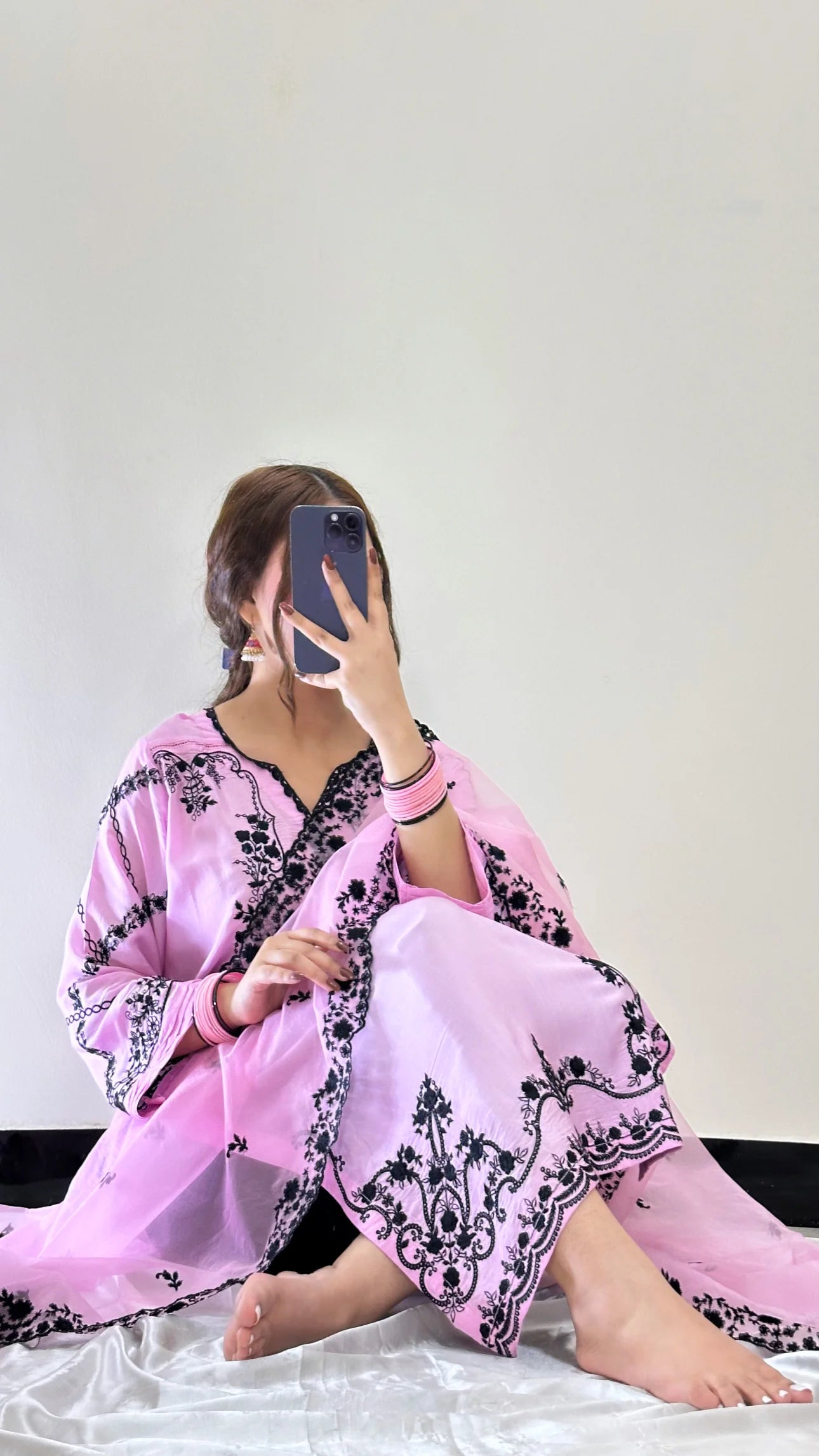 woman posing in pink silk dress pret set buraqstore