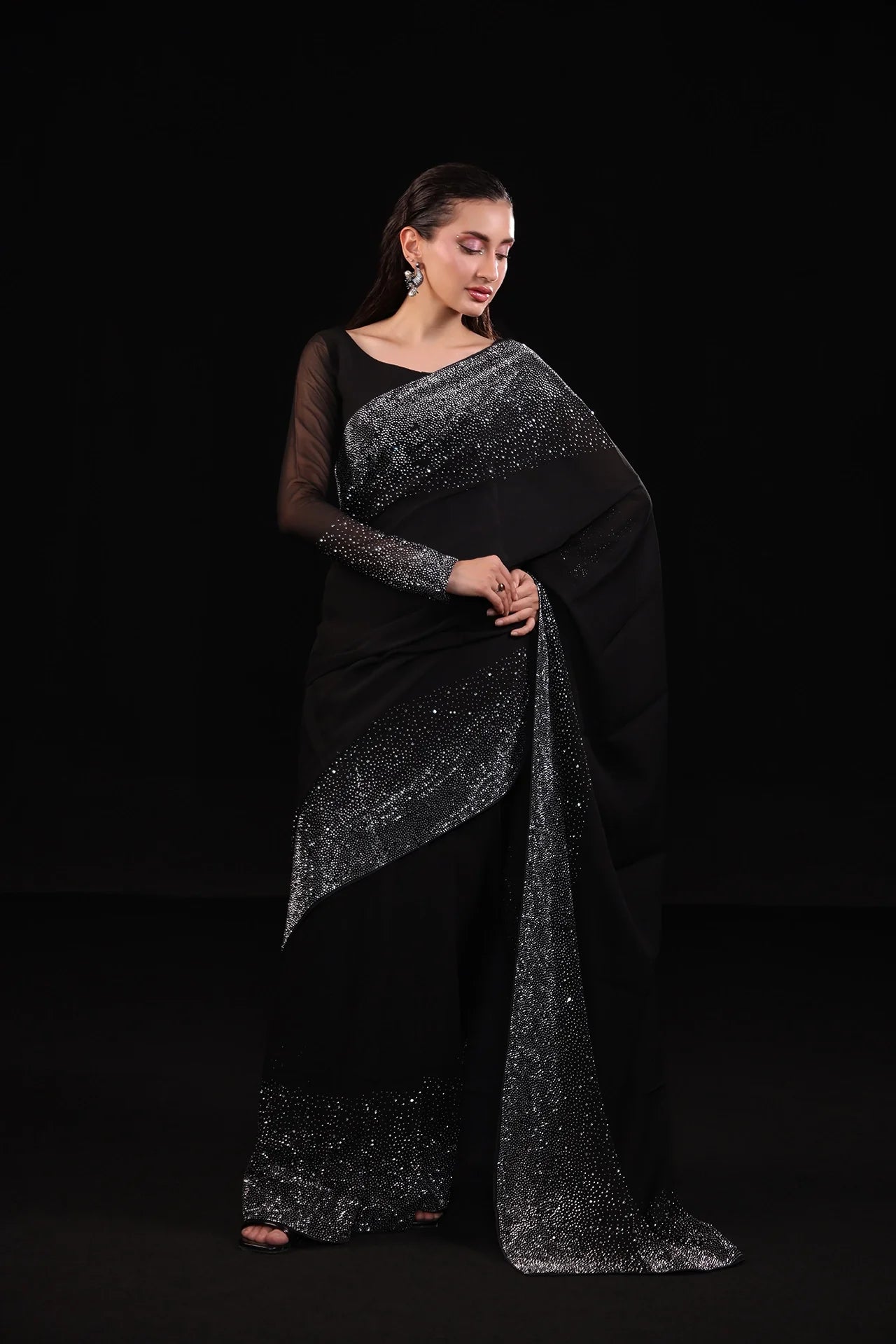 Midnight Muse Embroidered Chiffon Saree 3Pcs