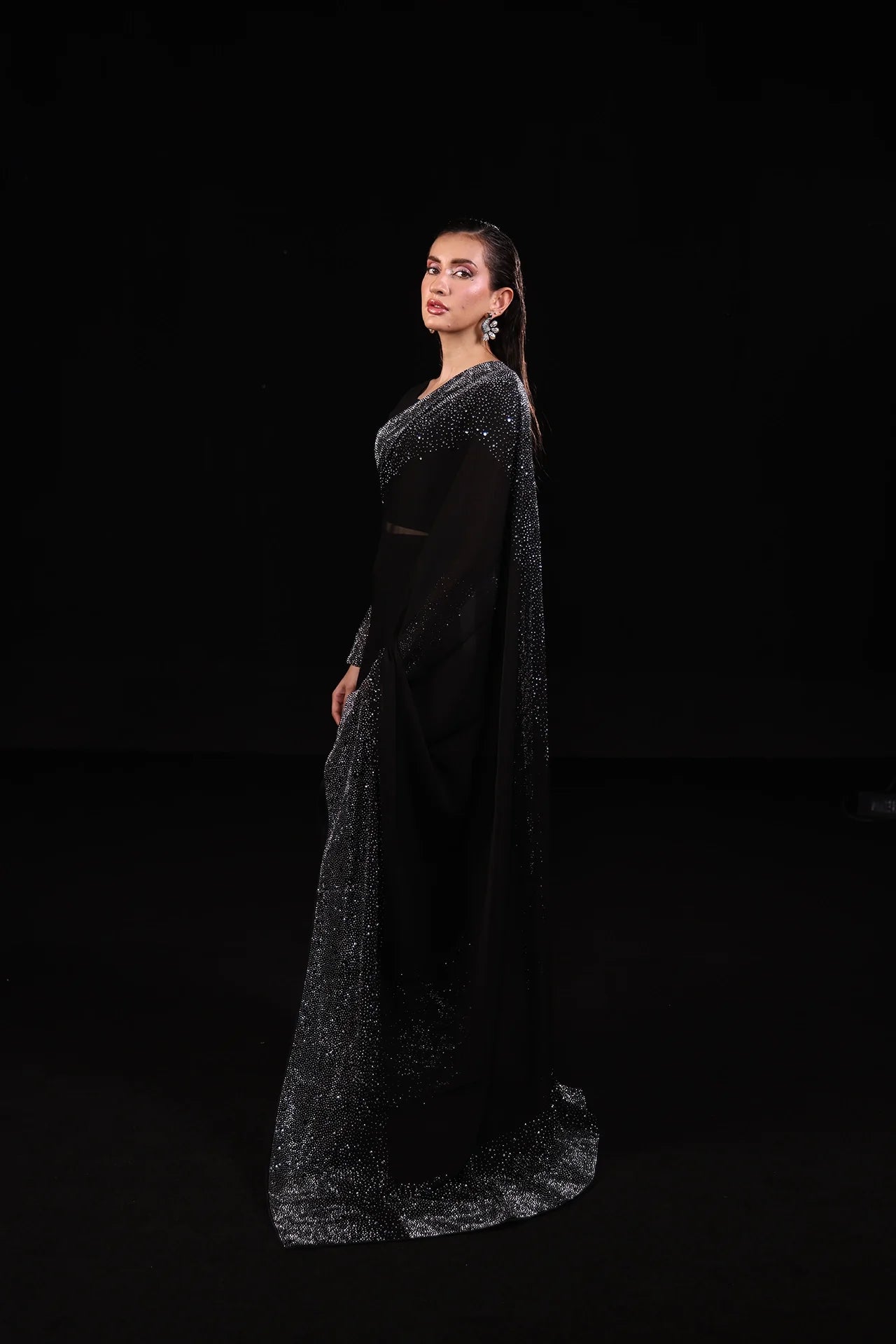 Midnight Muse Embroidered Chiffon Saree 3Pcs