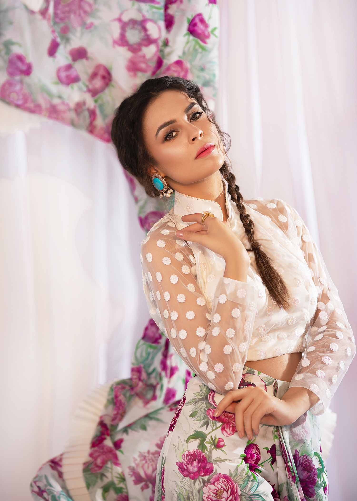 Moonstone Rose – Floral Saree Style 3Pc