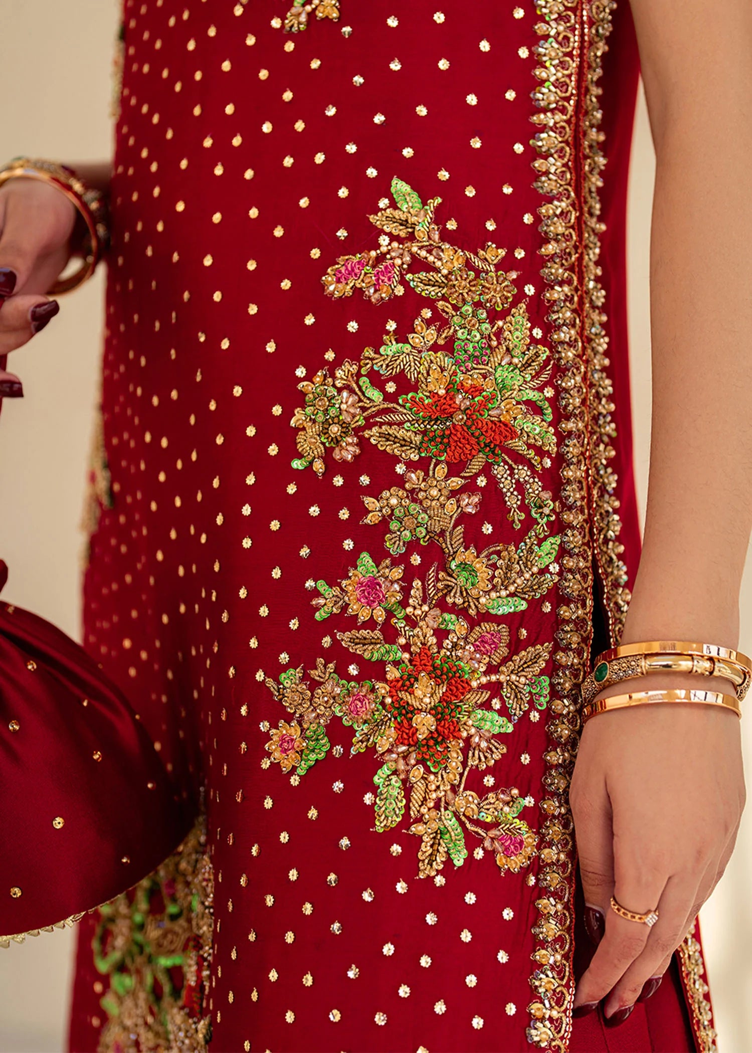 Buraqstore girl posing in elegant red colour dress tissue silk with soft sheen finish
