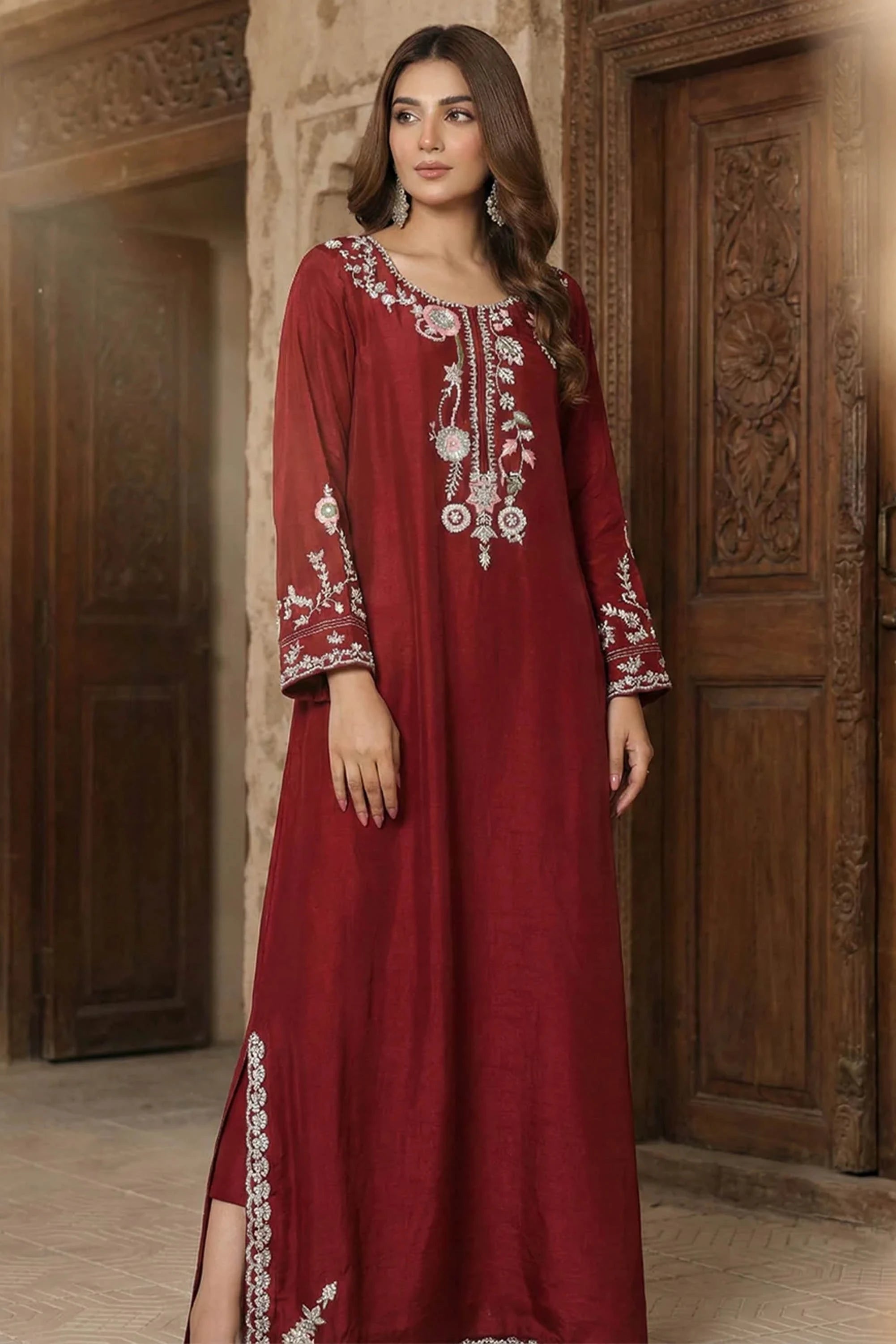 Girl wearing elegant maroon dress for girls by buraqstore Pakistan