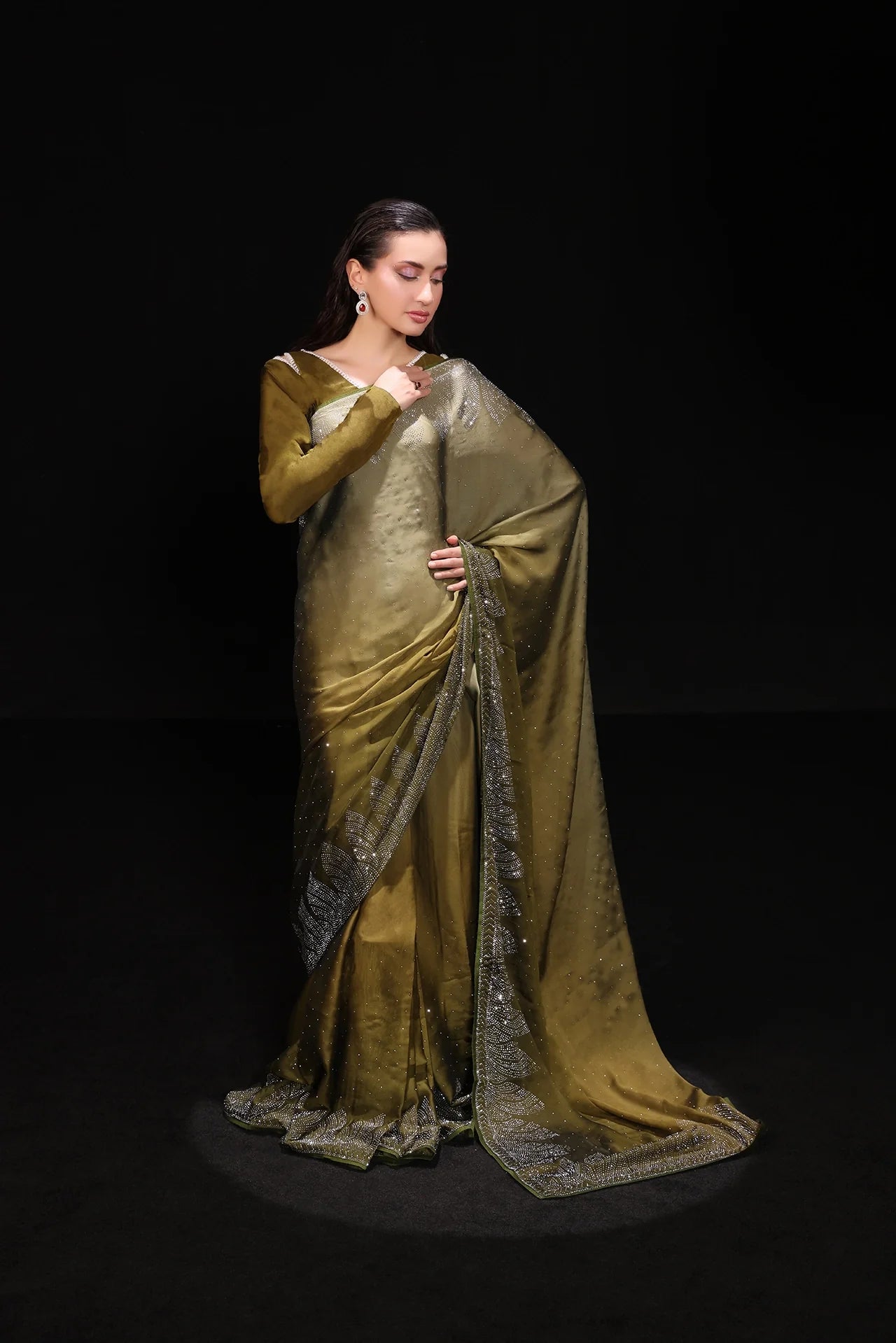 Olive Opulence Embroidered Silk Saree 2Pcs