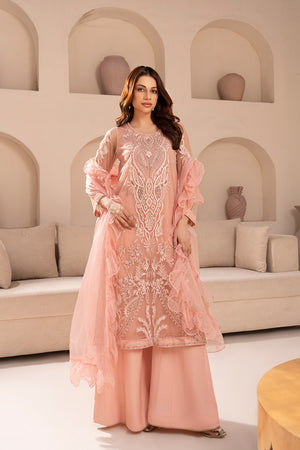 Woman wearing an embroidered 3 piece outfit from the Anayra Amal collection, featured at Buraq Store