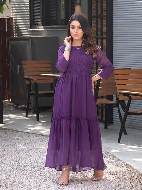 model posing in purple dress for girls by buraqstore stylish look