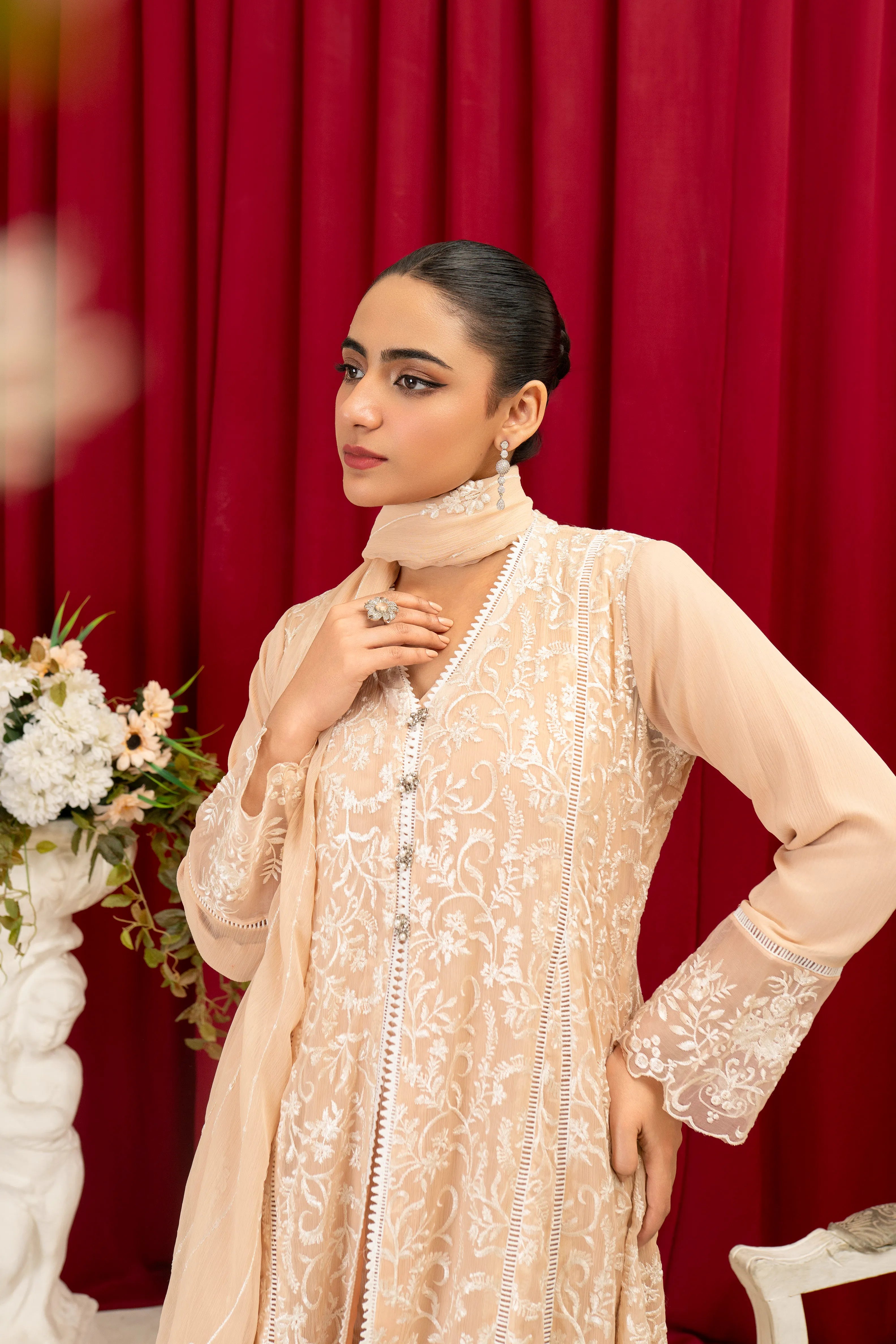 Peach Embroidered Chiffon Maxi Dress 