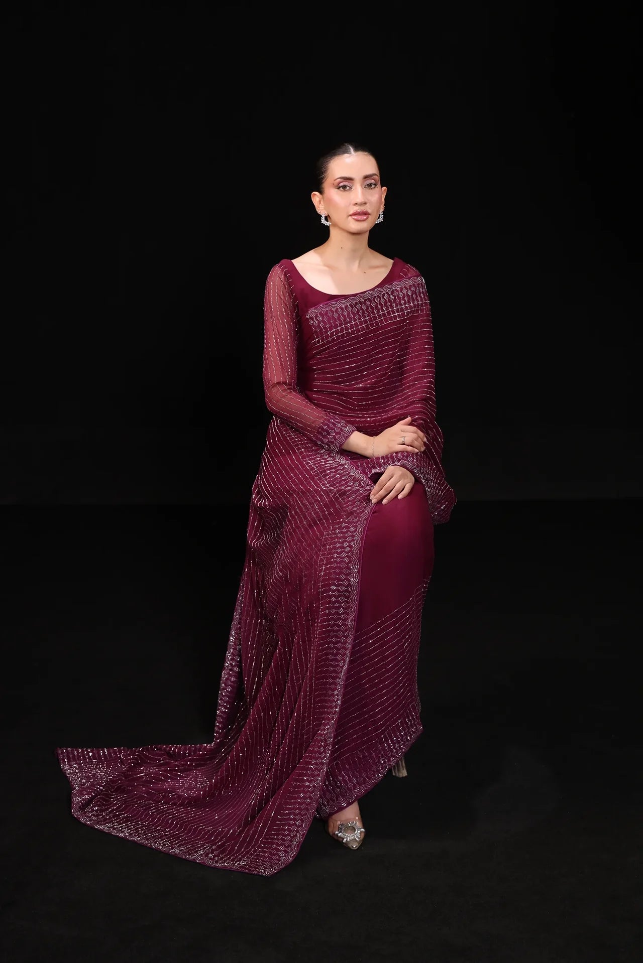 Plum Reverie Embroidered Chiffon Saree 3Pcs