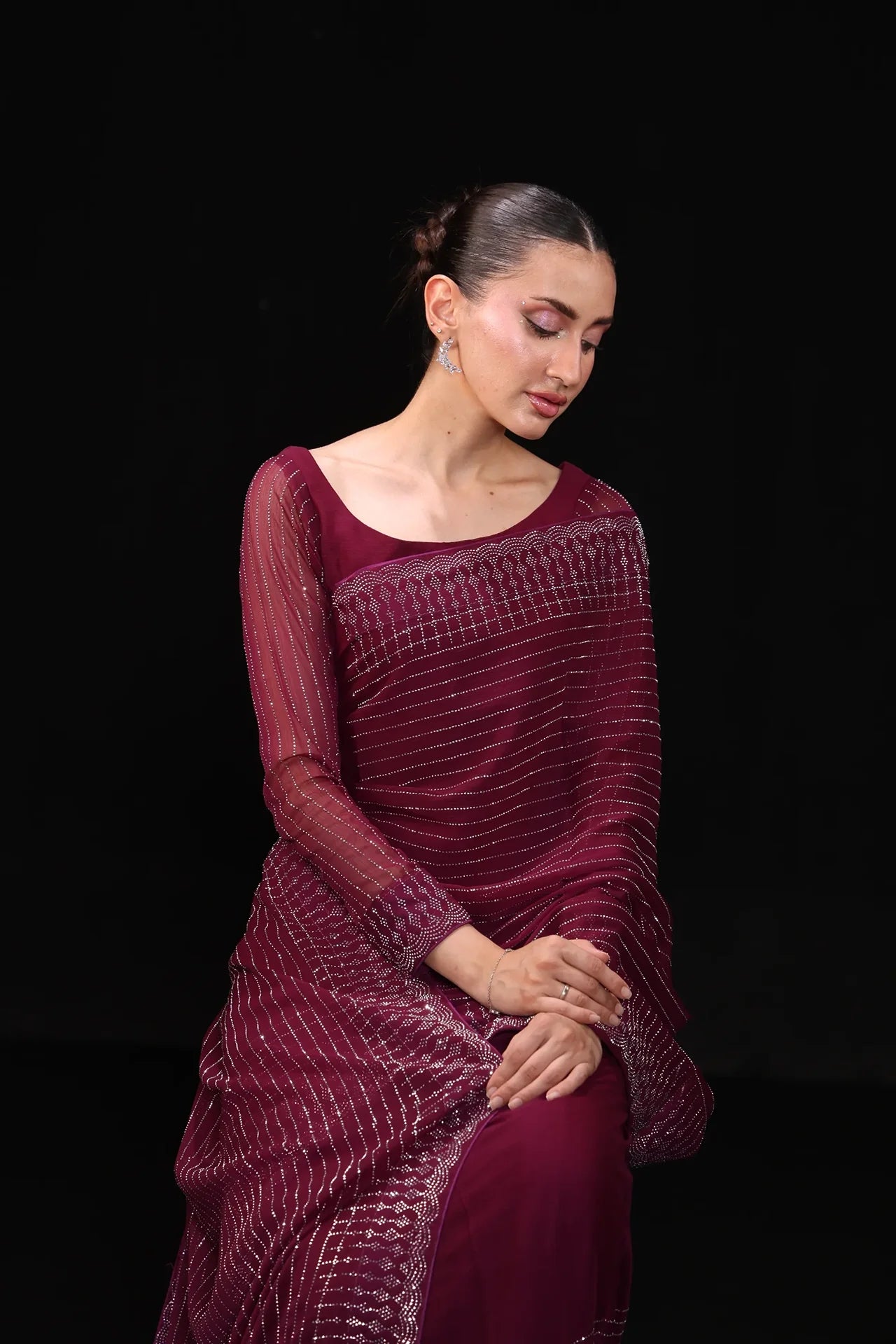 Plum Reverie Embroidered Chiffon Saree 3Pcs
