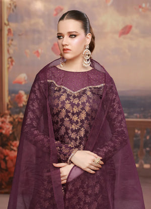 Female model showcasing Plum Frost chiffon pret Buraqstore, stylish ladies outfit