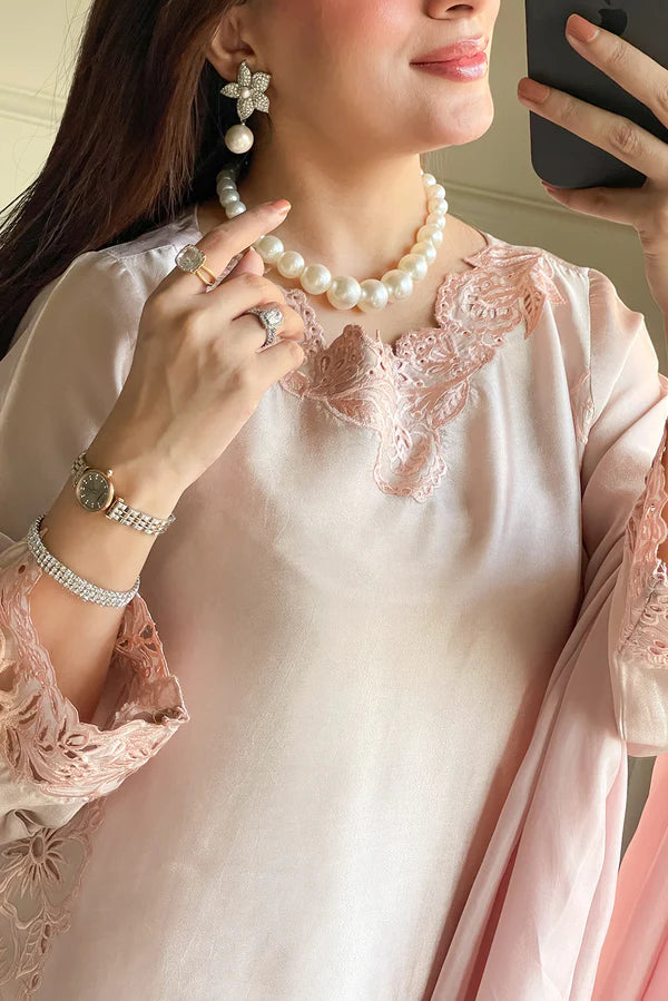 model posing in pink silk dress pret 3 piece buraqstore fashion