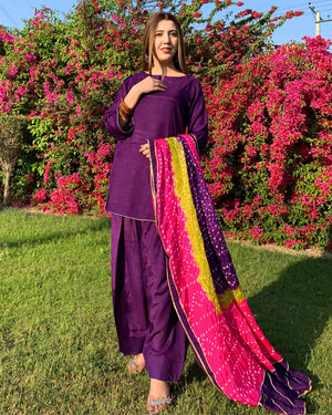 Stylish purple silk farshi shalwar 2 piece pret suit for ladies with soft fabric, wide leg design and festive wear look at BuraqStore Pakistan