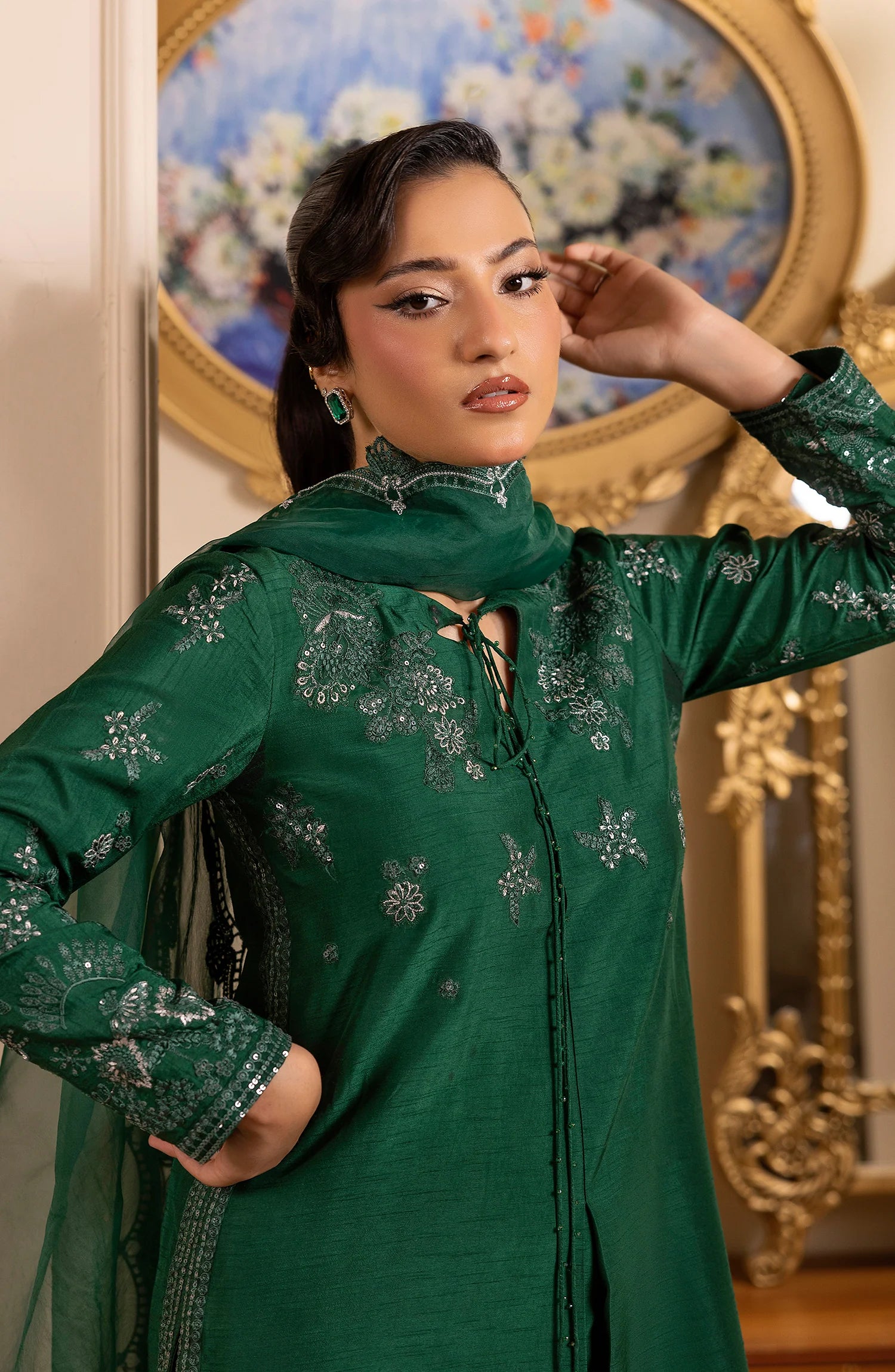 girl posing in green silk dress by buraqstore elegant style