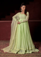 Woman wearing Pista Pishwas embroidered maxi by Buraqstore for wedding