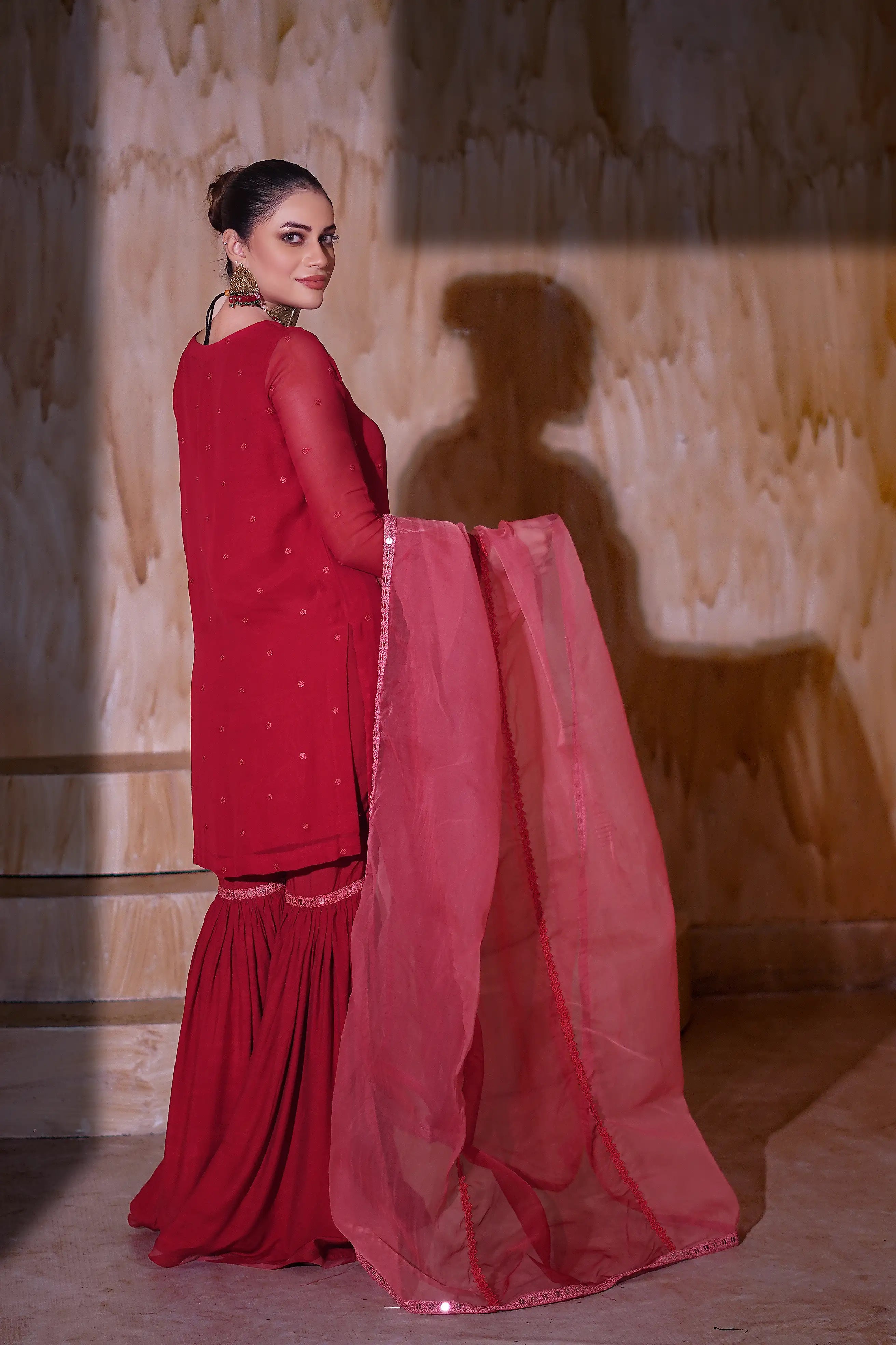 Female model showcasing Rising Charms chiffon pret Buraqstore, stylish ladies outfit