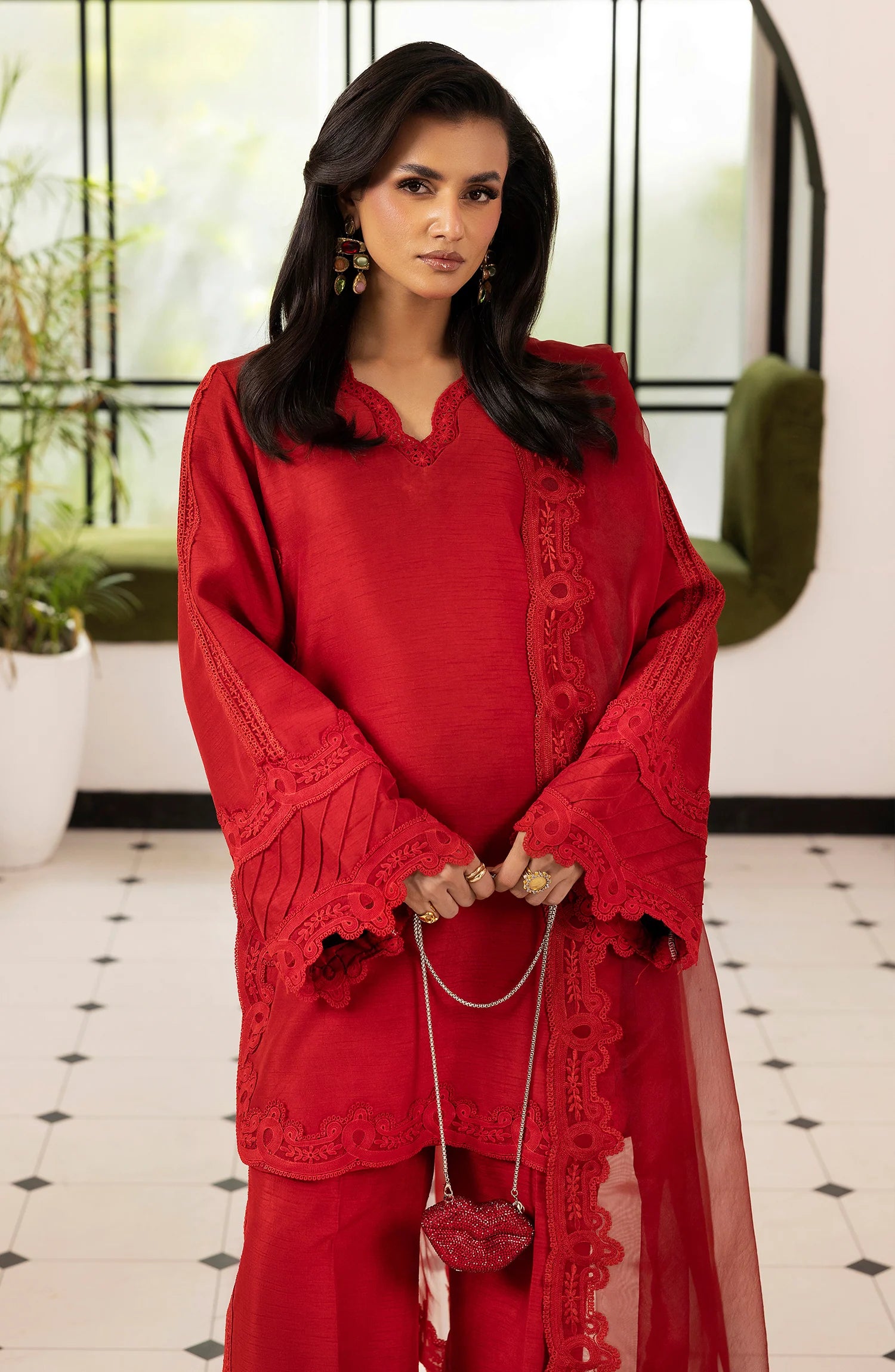 Buraqstore girl posing in elegant red colour dress raw silk fabric