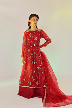 Buraqstore bride style shoot with girl in heavy red colour dress organza embroidery