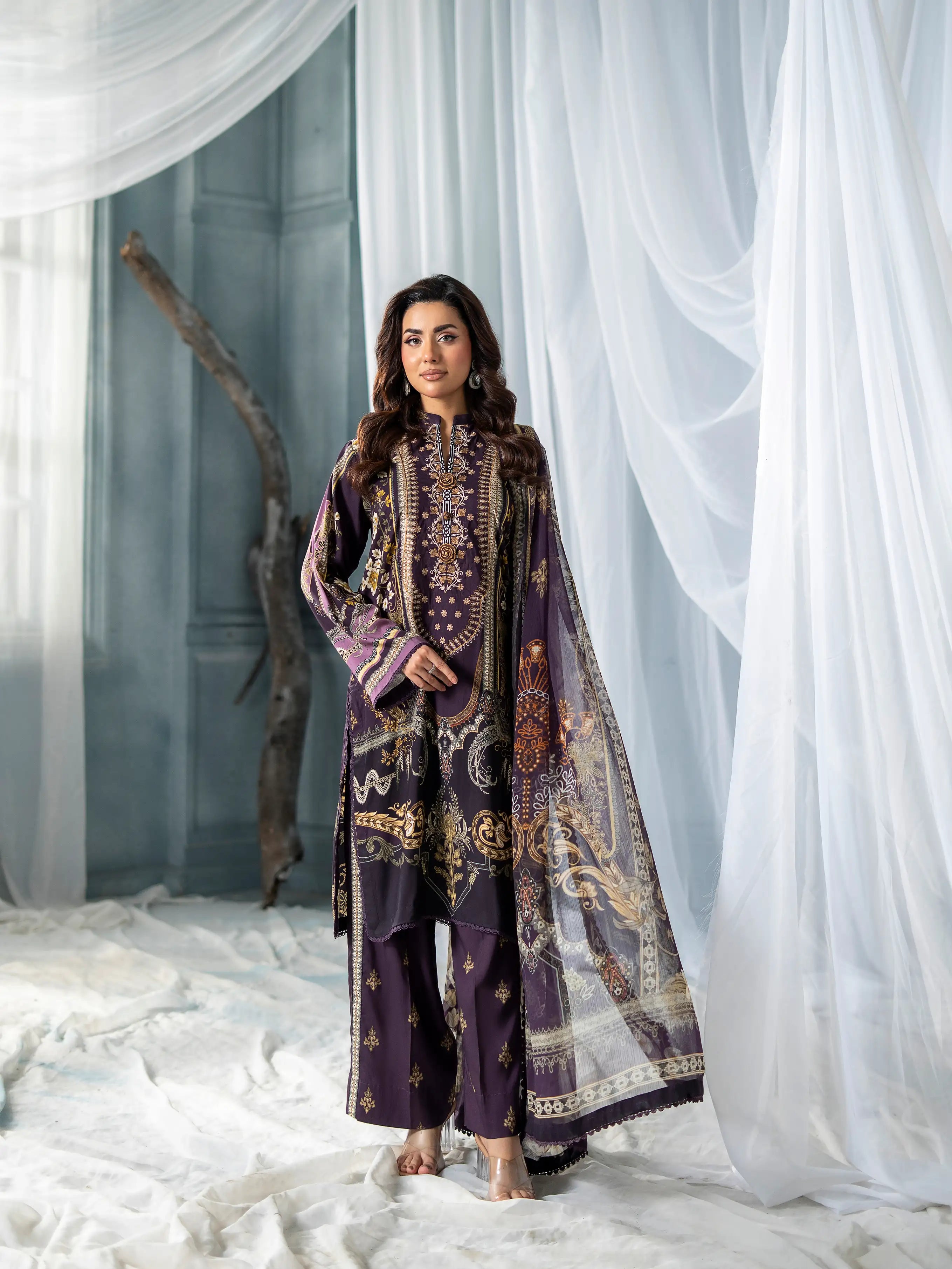 Royal Plum Casual Linen Dress 3 Pcs