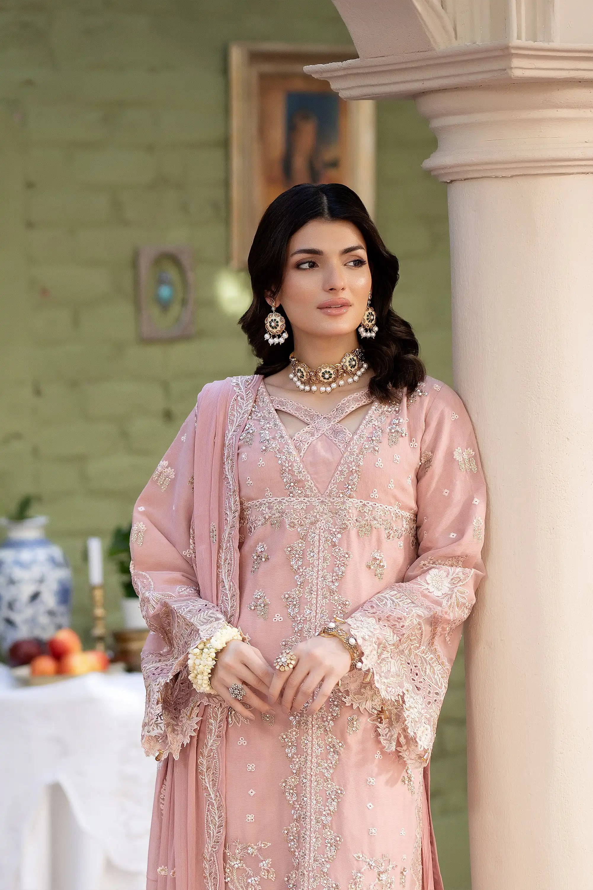 Female model showcasing Rukhsar chiffon pret Buraqstore, stylish ladies outfit