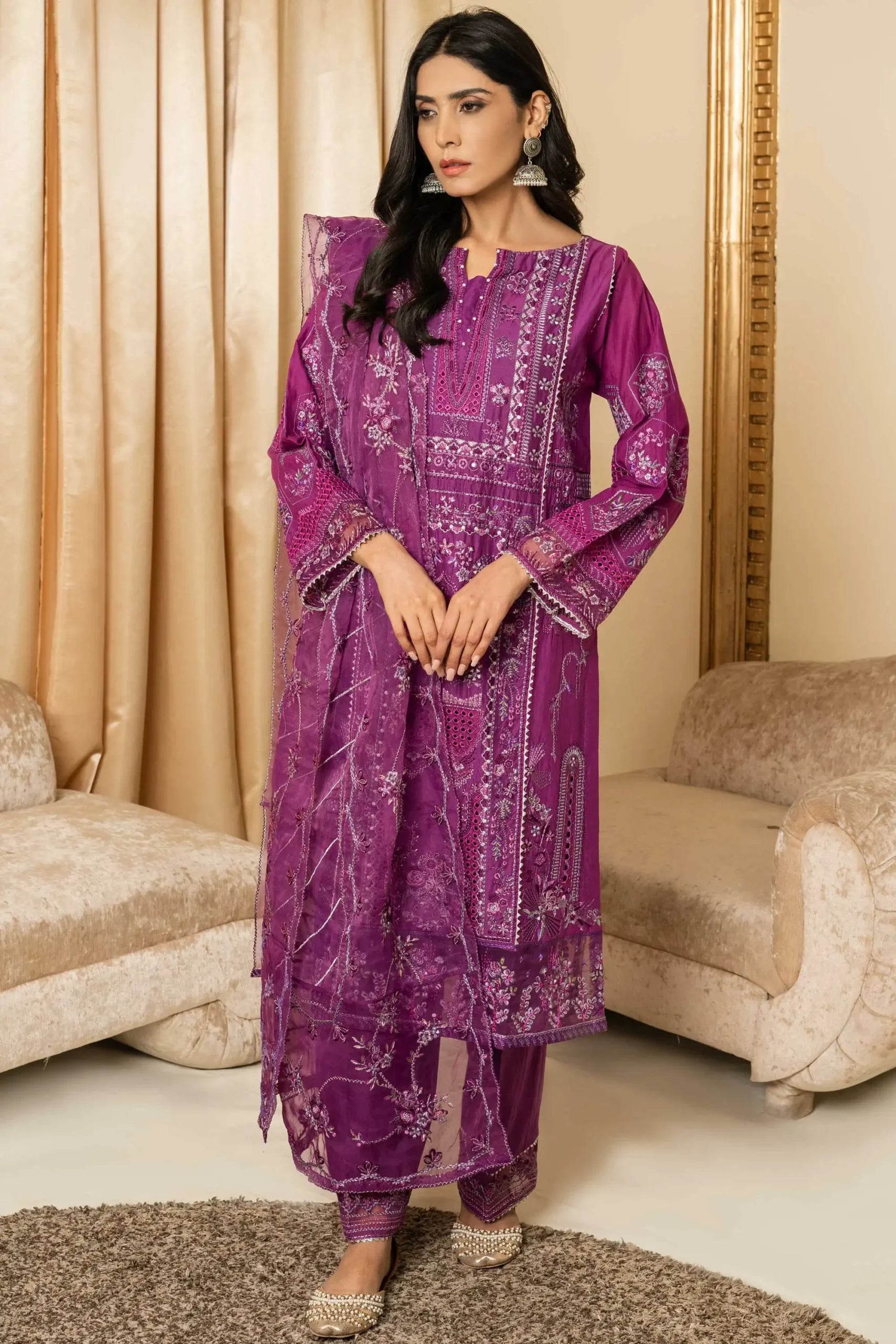 Purple Botanical Embroidered Lawn Pret 3pc