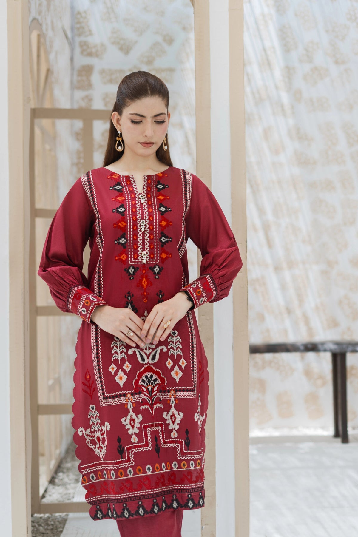 Maroon Dress for Women, Embroidered Lawn 2PC | Buraq Store