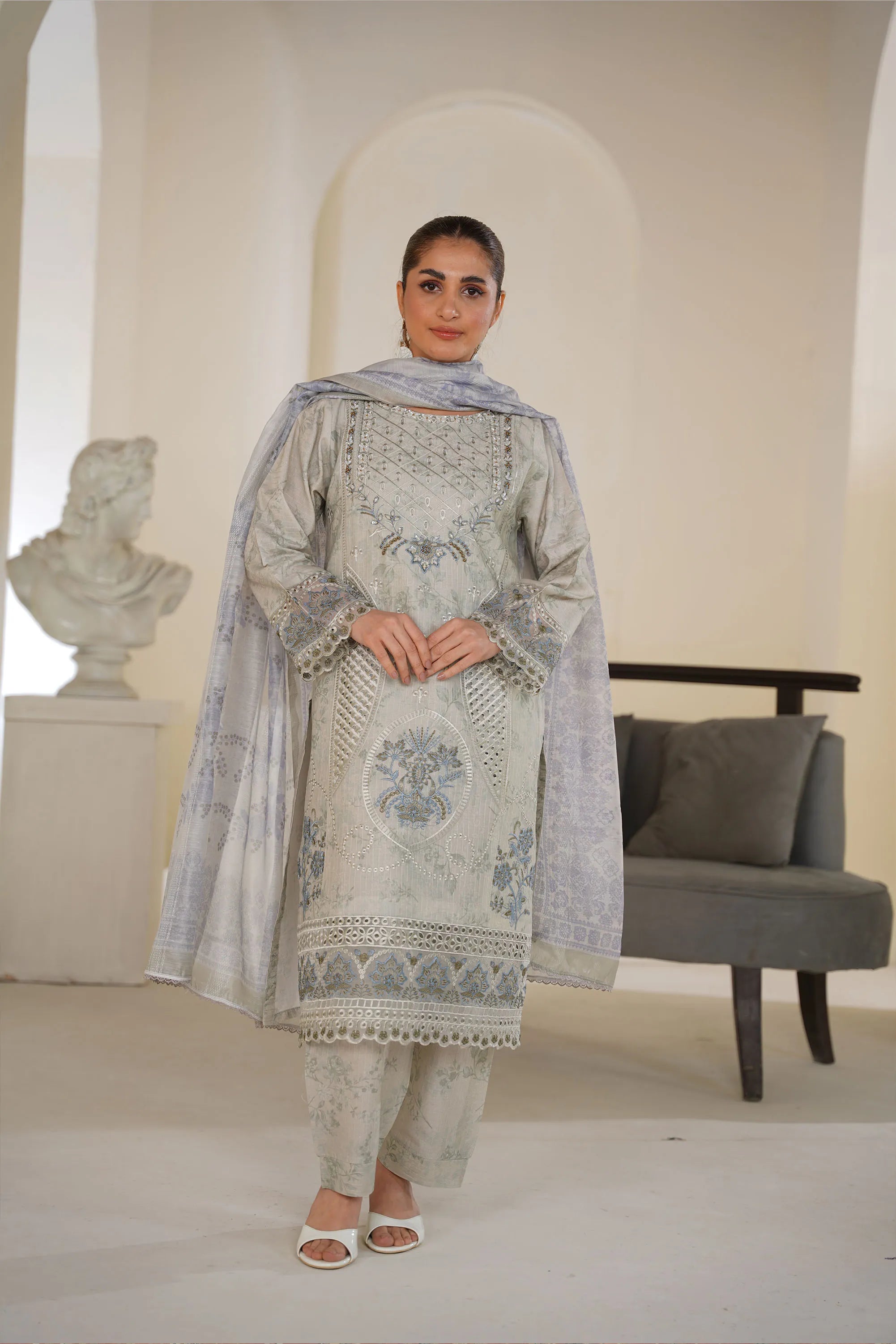 Light Sage Grey Embroidered Lawn Pret 3 PCs