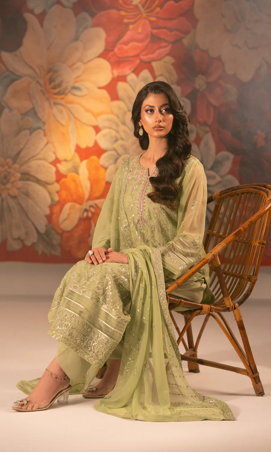 Sage Embroidered Chiffon Unstitched 4Pcs – Shamooz