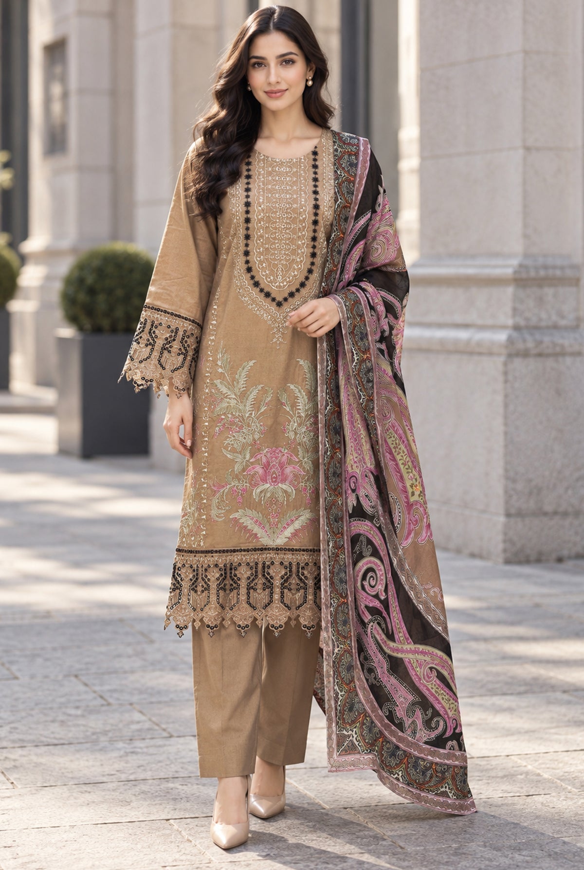 Brown Embroidered Karandi Collection 3PC