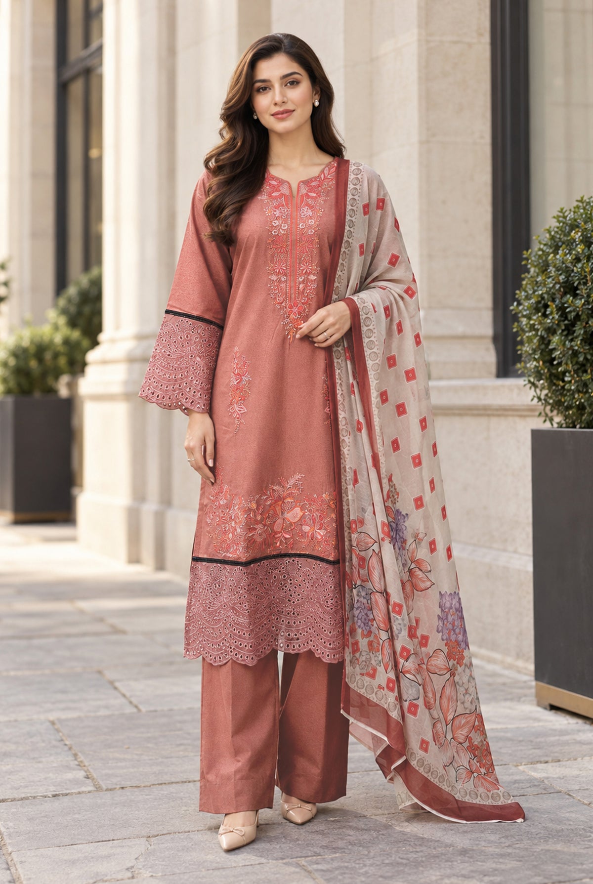 Pink Embroidered Karandi Fabric for Ladies 3PC