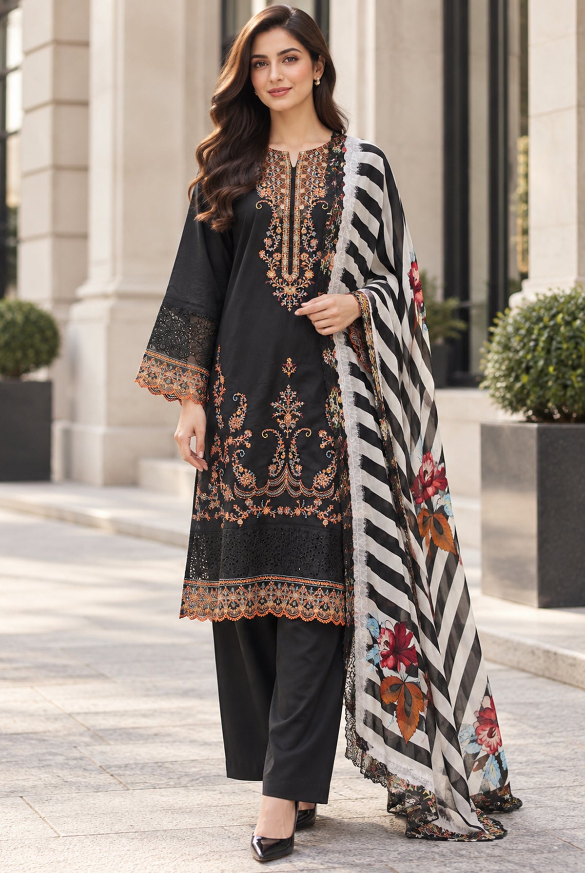 Black Embroidered Karandi Suit 3PC