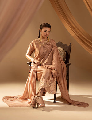 Girl wearing luxurious silk dress by Buraqstore with festive styling