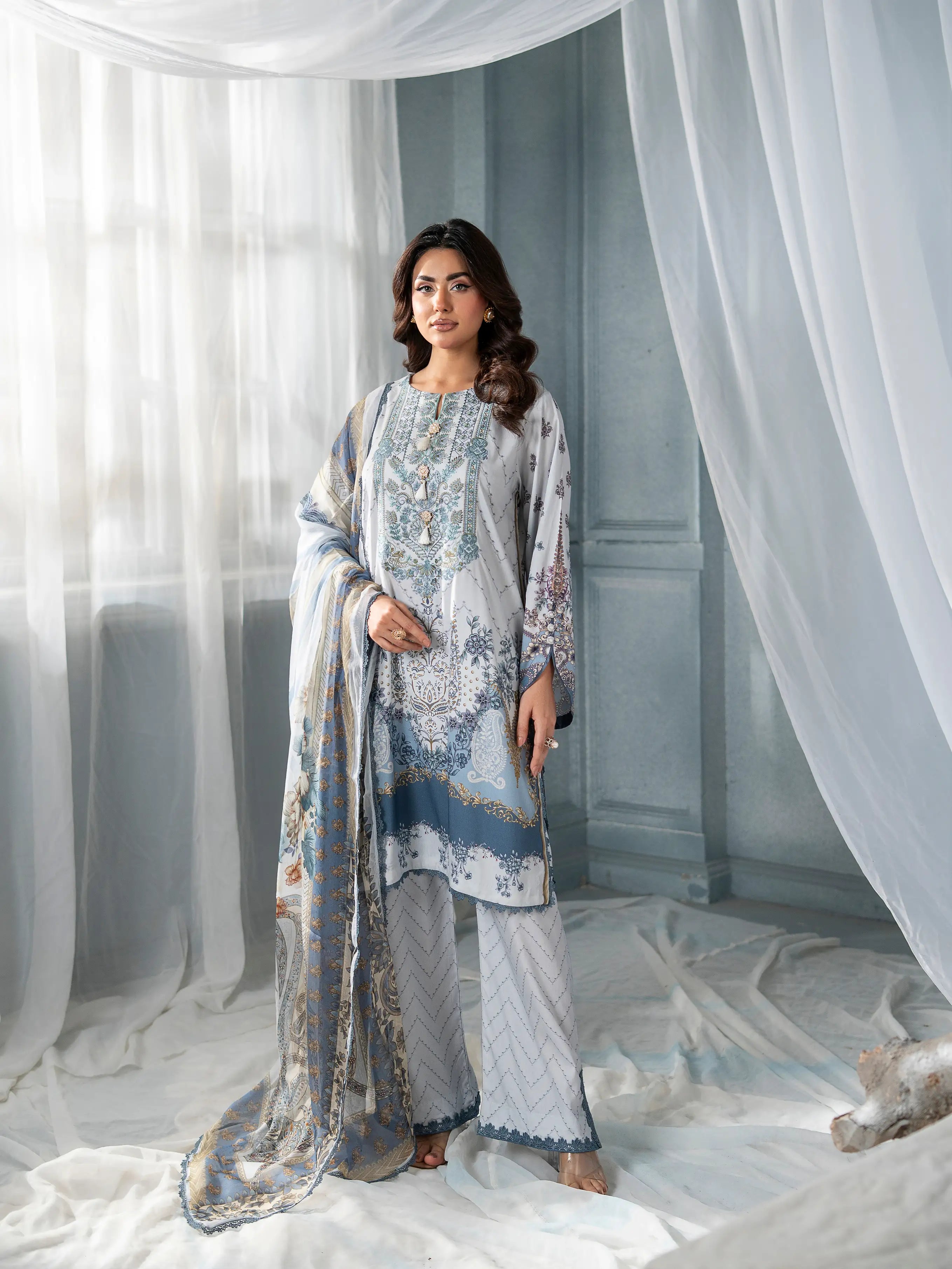 Sky Blossom Stylish Linen Dress 3 Pcs