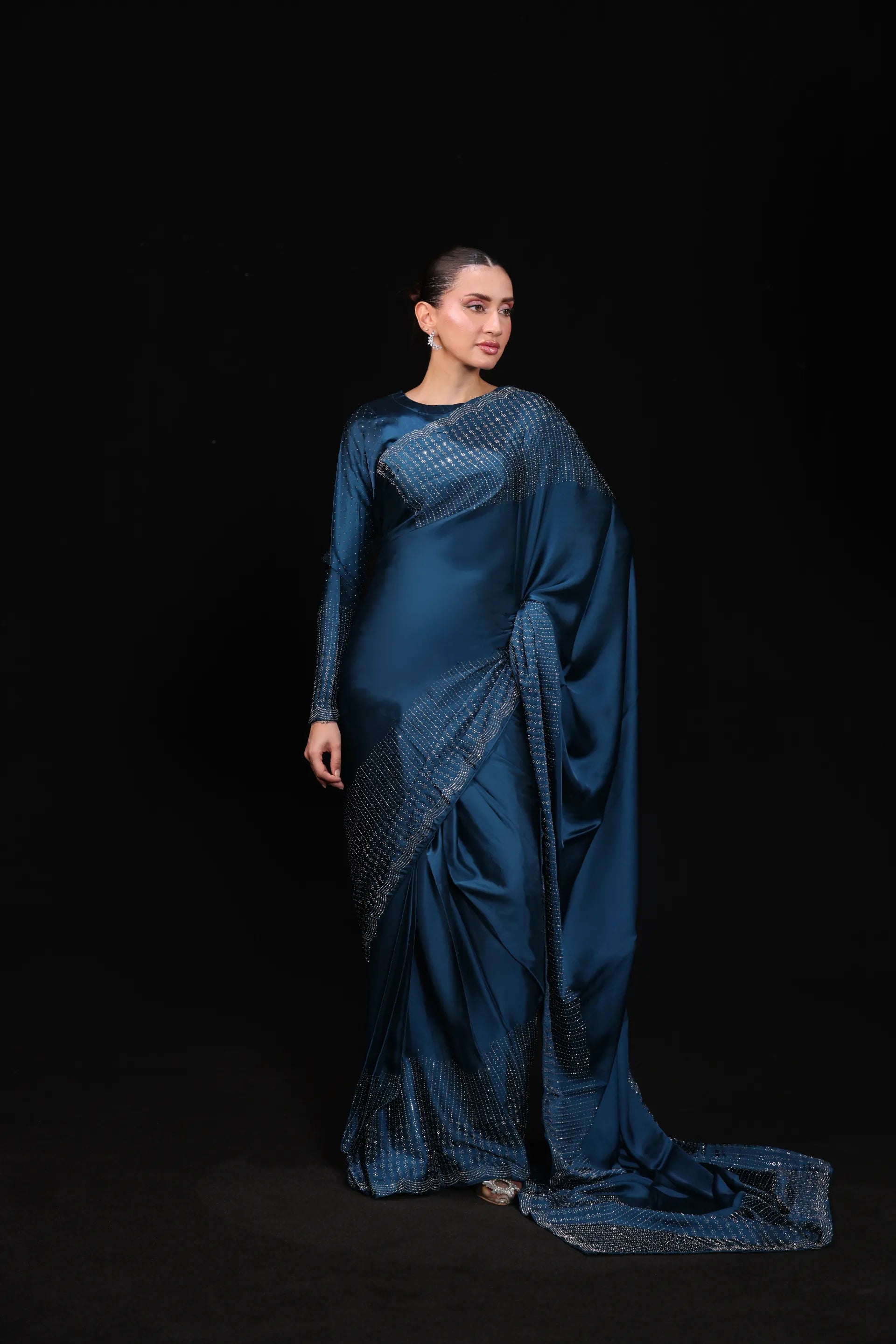 Teal Temptation Embroidered Silk Saree 2Pcs