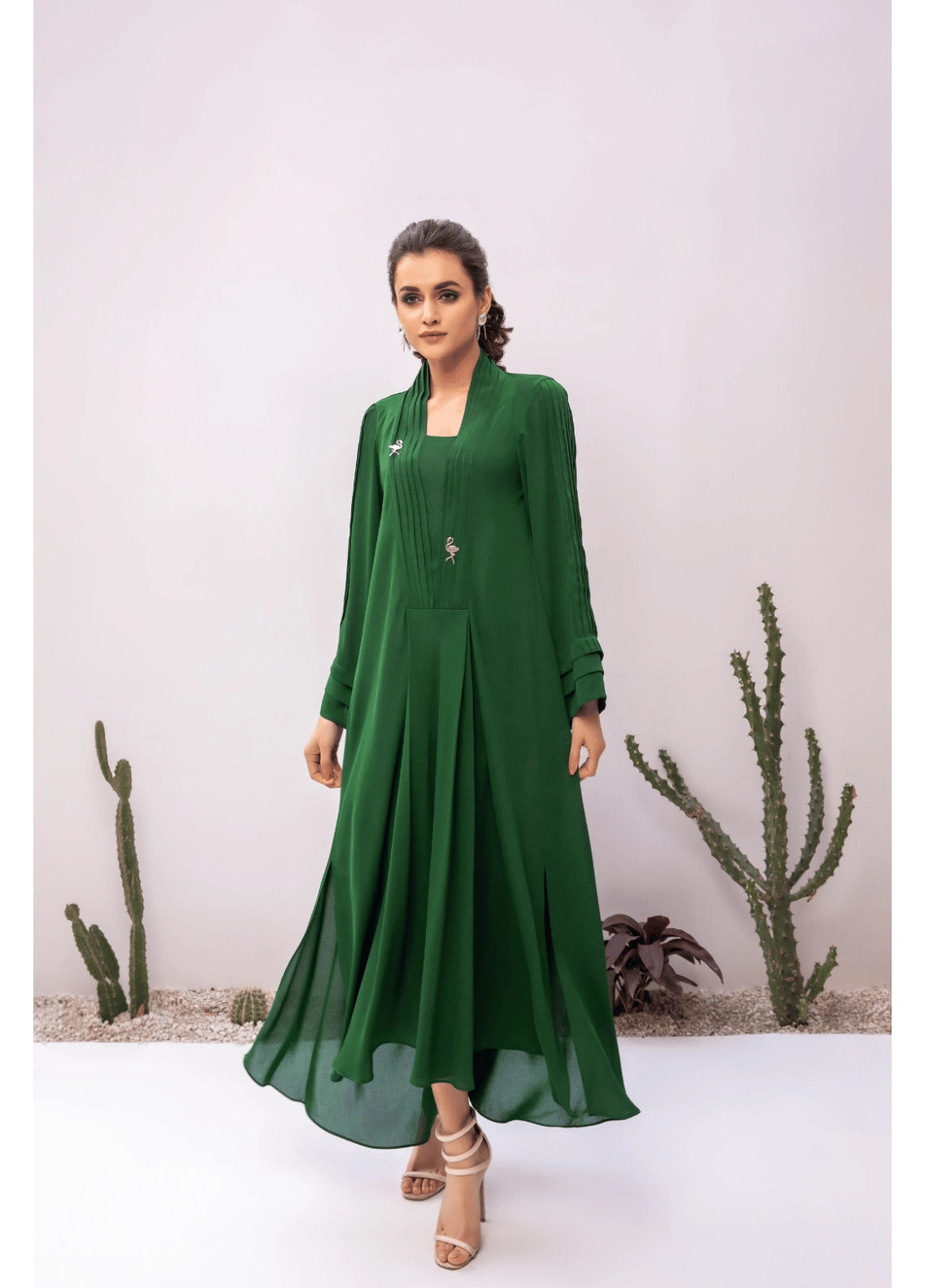 Green Long Dress Pret 1 Pc