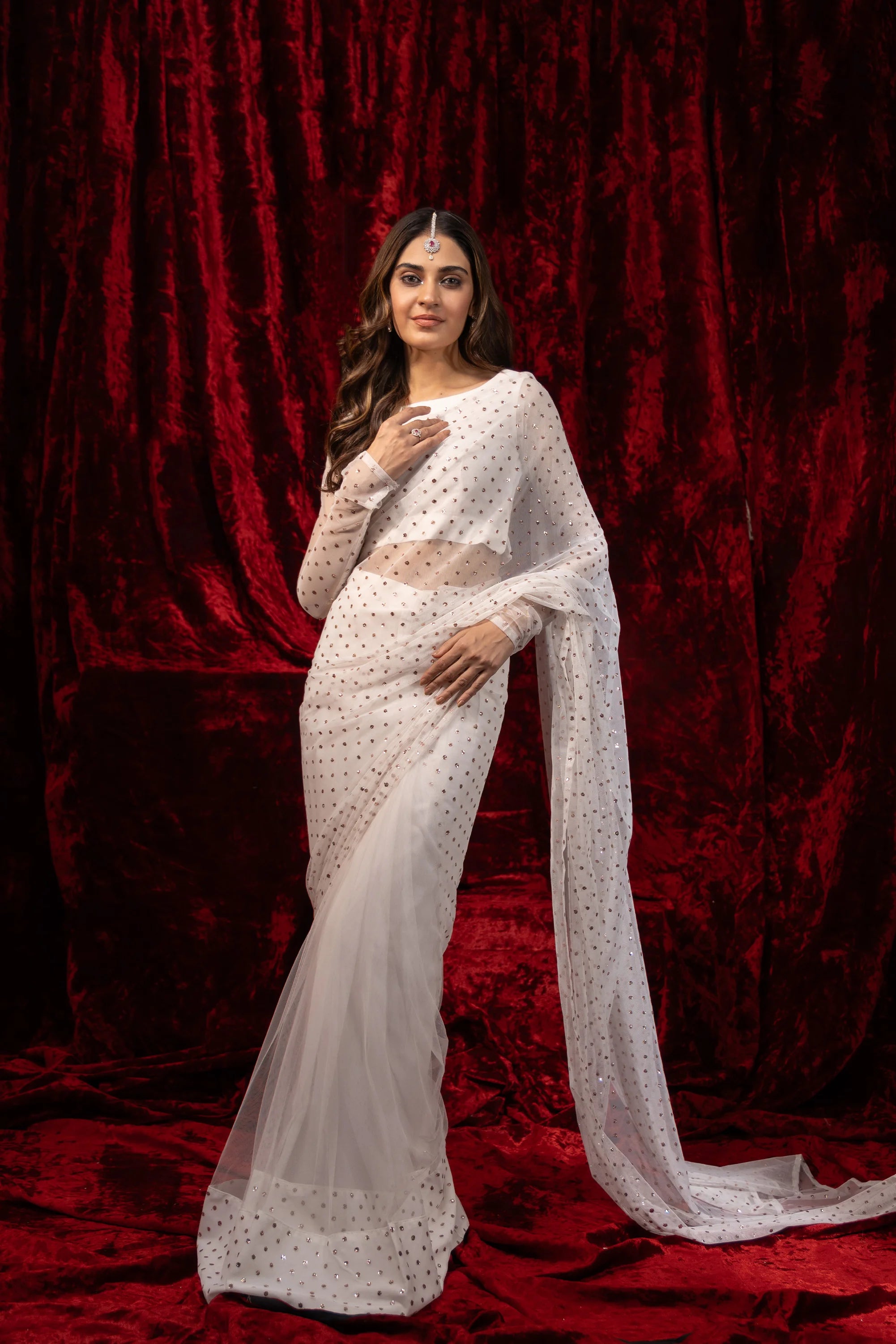 White Net Saree Pret 3Pcs