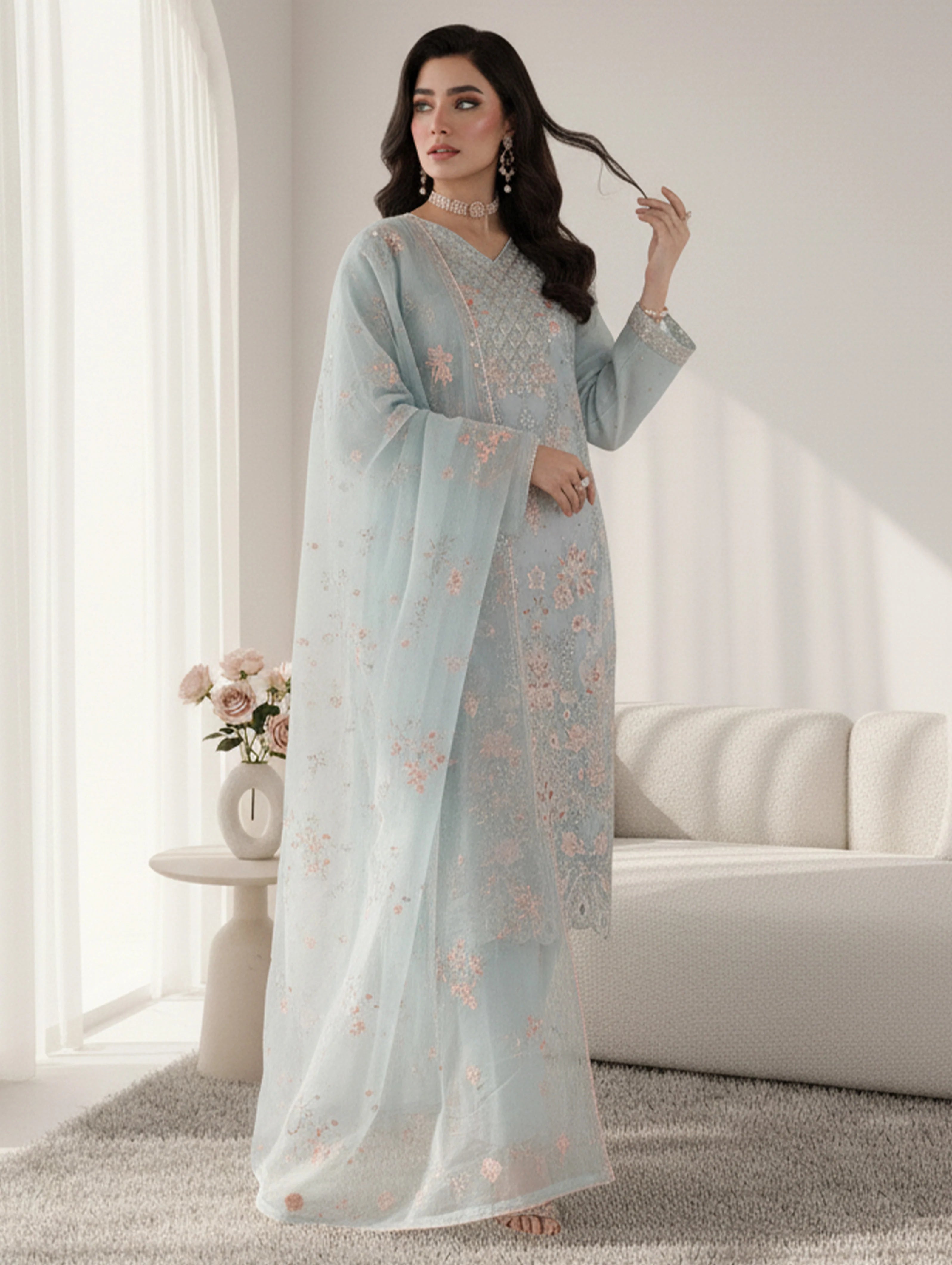 BURBERRY - Embroidered Organza Serene Mist Unstitched 3 PCs