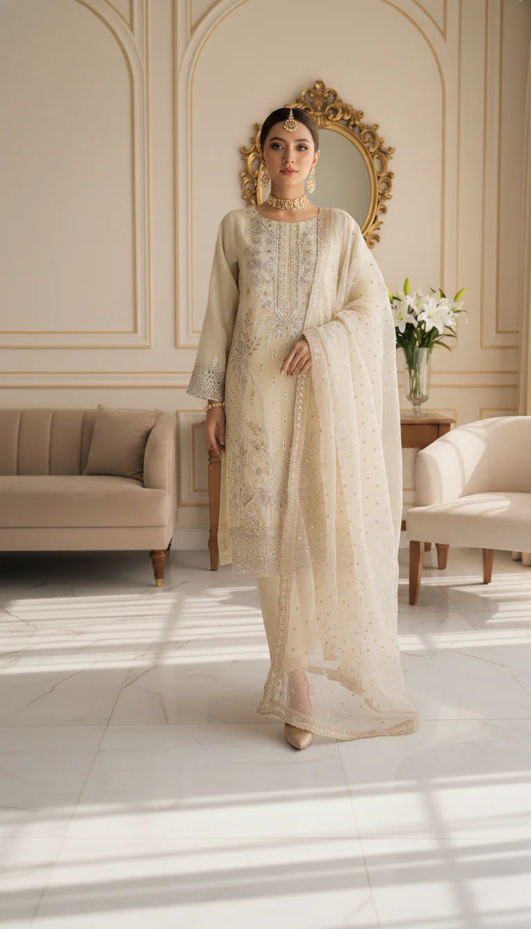 BURBERRY - Embroidered Organza Ivory Gleam Unstitched 3 PCs