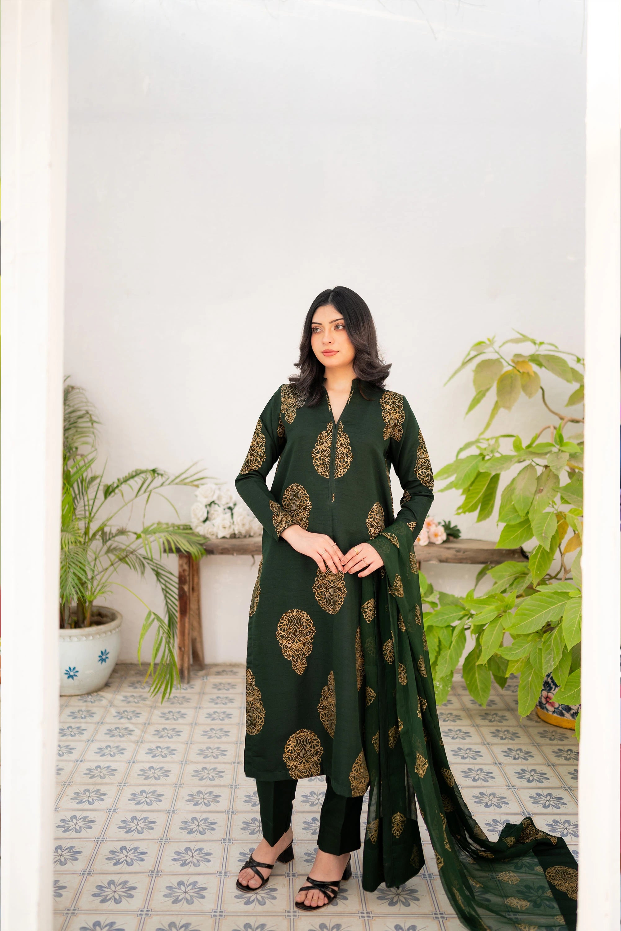 Bottle Green Kurta Set 3 PCs