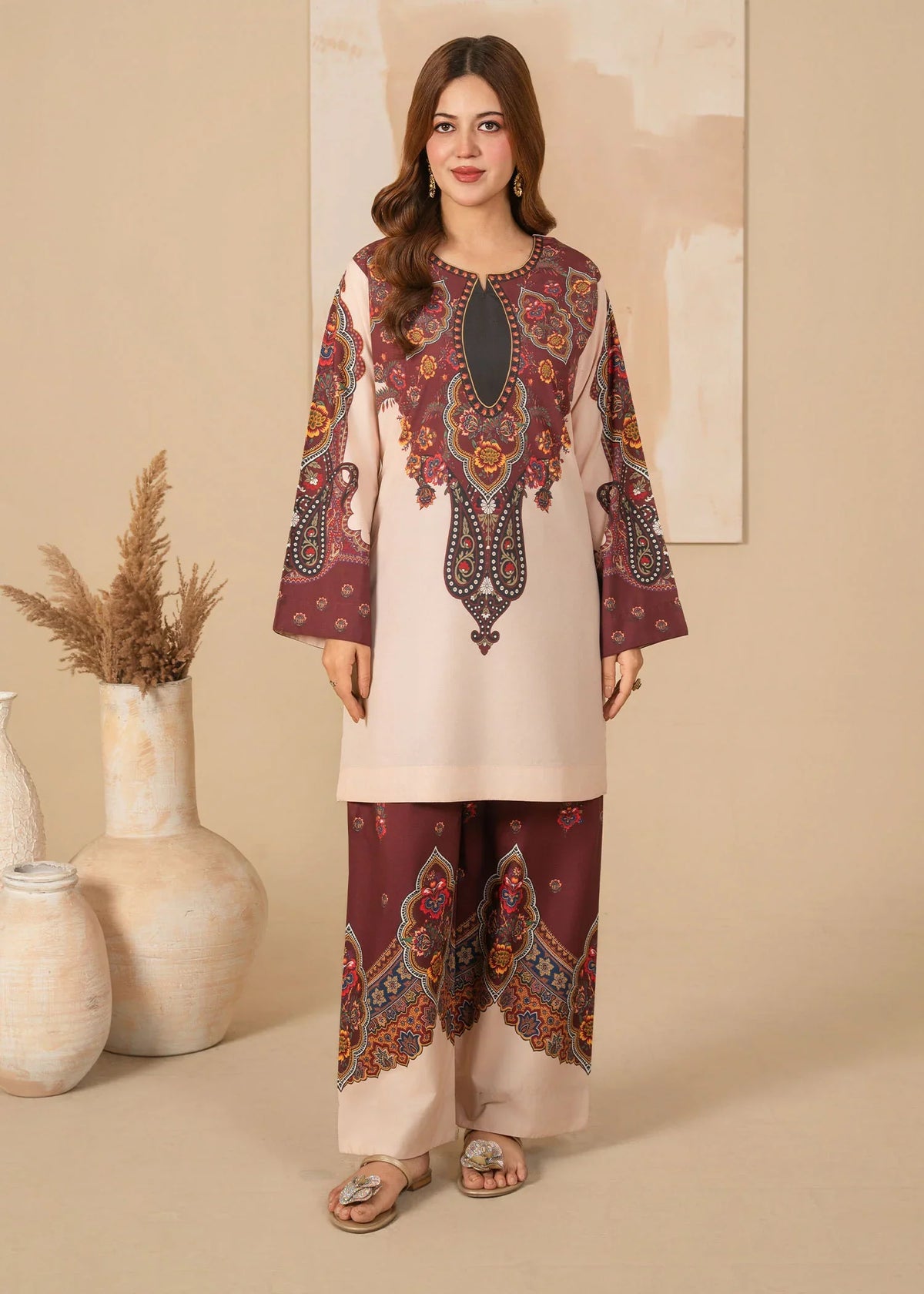 Model wearing beige color dress, printed poly lawn 2PC set, front view from Buraqstore