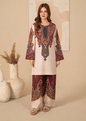 Model wearing beige color dress, printed poly lawn 2PC set, front view from Buraqstore