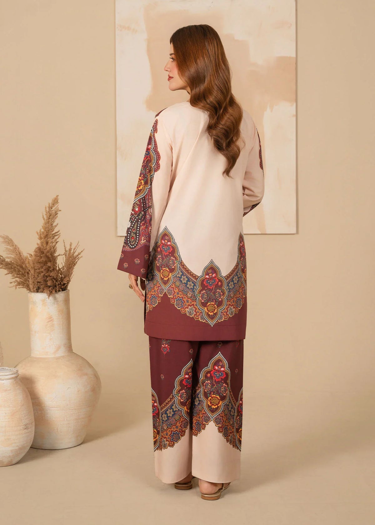 Women wearing beige color dress, close-up of the print on the poly lawn shirt, Buraqstore