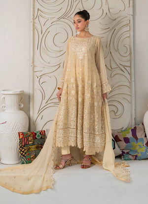 Model wearing beige color dress pakistani, embroidered chiffon shirt, trouser and dupatta, front view from Buraqstore
