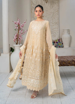 Model wearing beige color dress pakistani, side view showing the flow of the chiffon 3-piece set, Buraqstore
